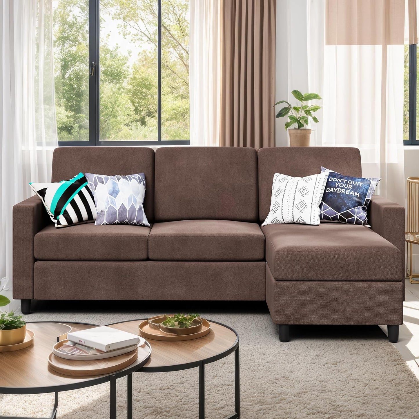 Convertible Sectional Sofa Couch, Modern Linen Fabric L-Shaped , 3-Seat Sofa Sectional with Reversible Chaise for Living Room, Apartment and Small Space
