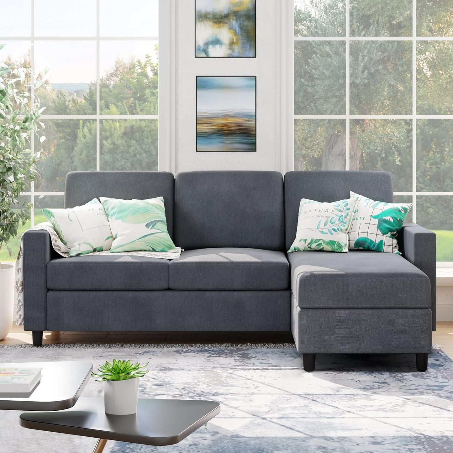 Convertible Sectional Sofa Couch, Modern Linen Fabric L-Shaped , 3-Seat Sofa Sectional with Reversible Chaise for Living Room, Apartment and Small Space