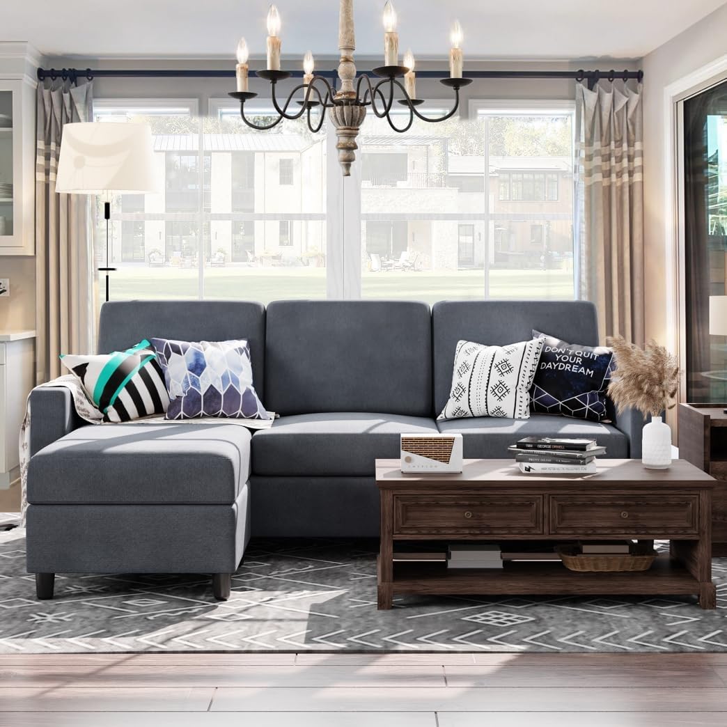 Convertible Sectional Sofa Couch, Modern Linen Fabric L-Shaped , 3-Seat Sofa Sectional with Reversible Chaise for Living Room, Apartment and Small Space