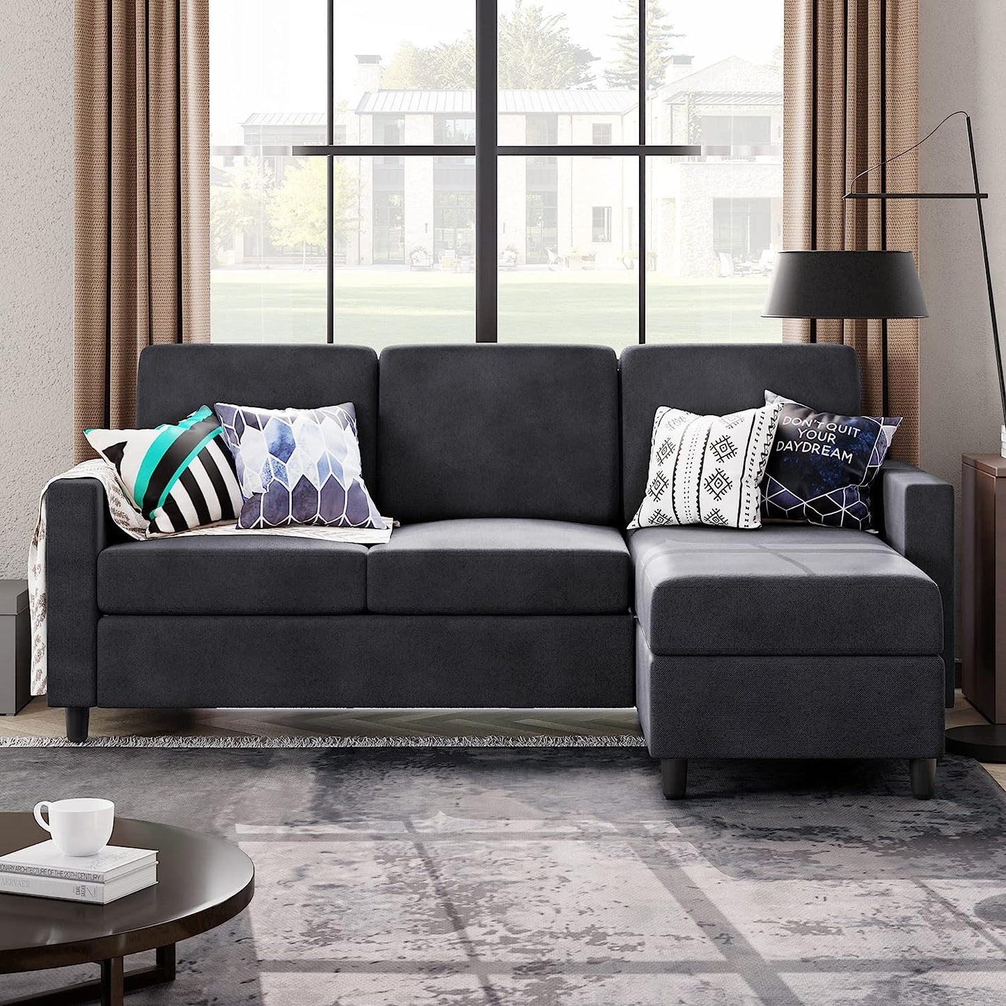 Convertible Sectional Sofa Couch, Modern Linen Fabric L-Shaped , 3-Seat Sofa Sectional with Reversible Chaise for Living Room, Apartment and Small Space