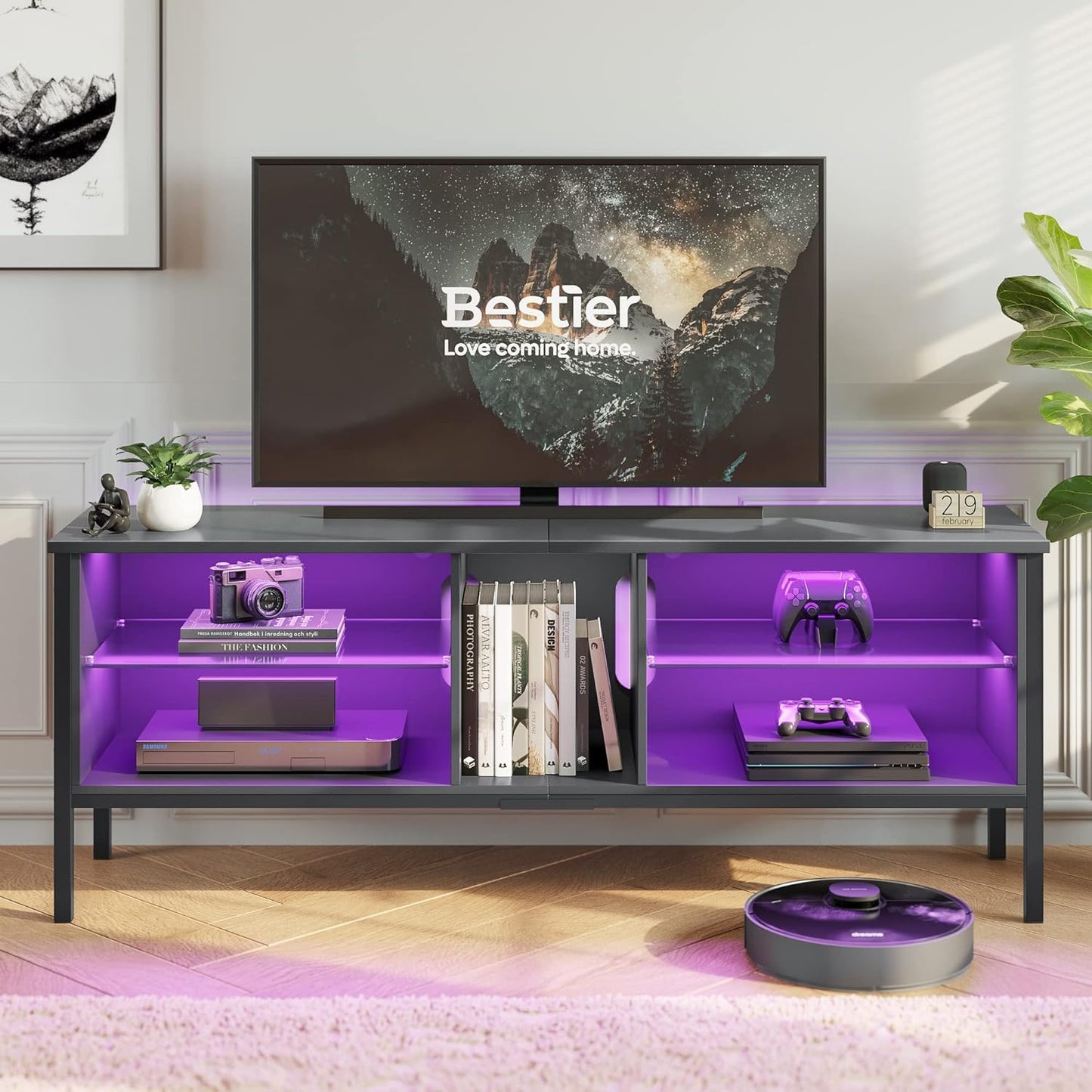 Gaming Entertainment Center for 65+ Inch TV with LED Lights & Adjustable Glass Shelves, Modern TV Stand Media Console, Fits TVs up to 75 Inch, Black Carbon Fiber Ideal for Living Room