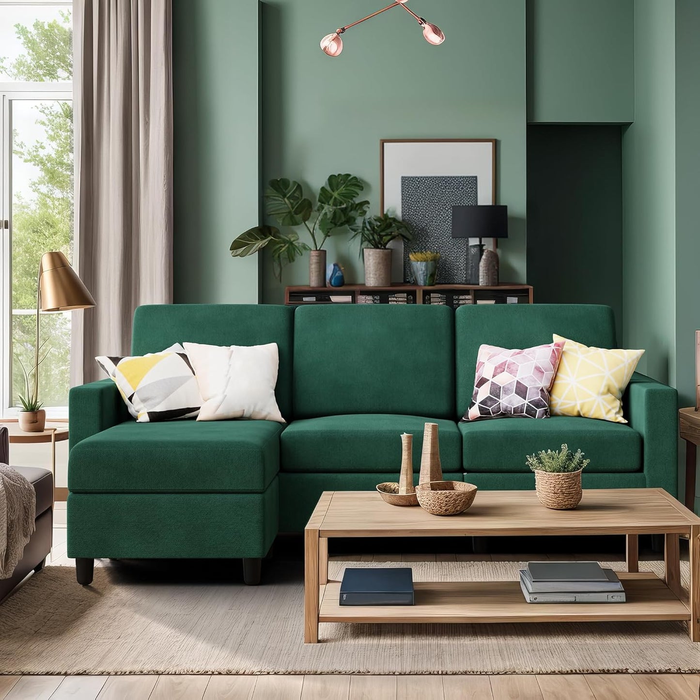 Convertible Sectional Sofa Couch, Modern Linen Fabric L-Shaped , 3-Seat Sofa Sectional with Reversible Chaise for Living Room, Apartment and Small Space