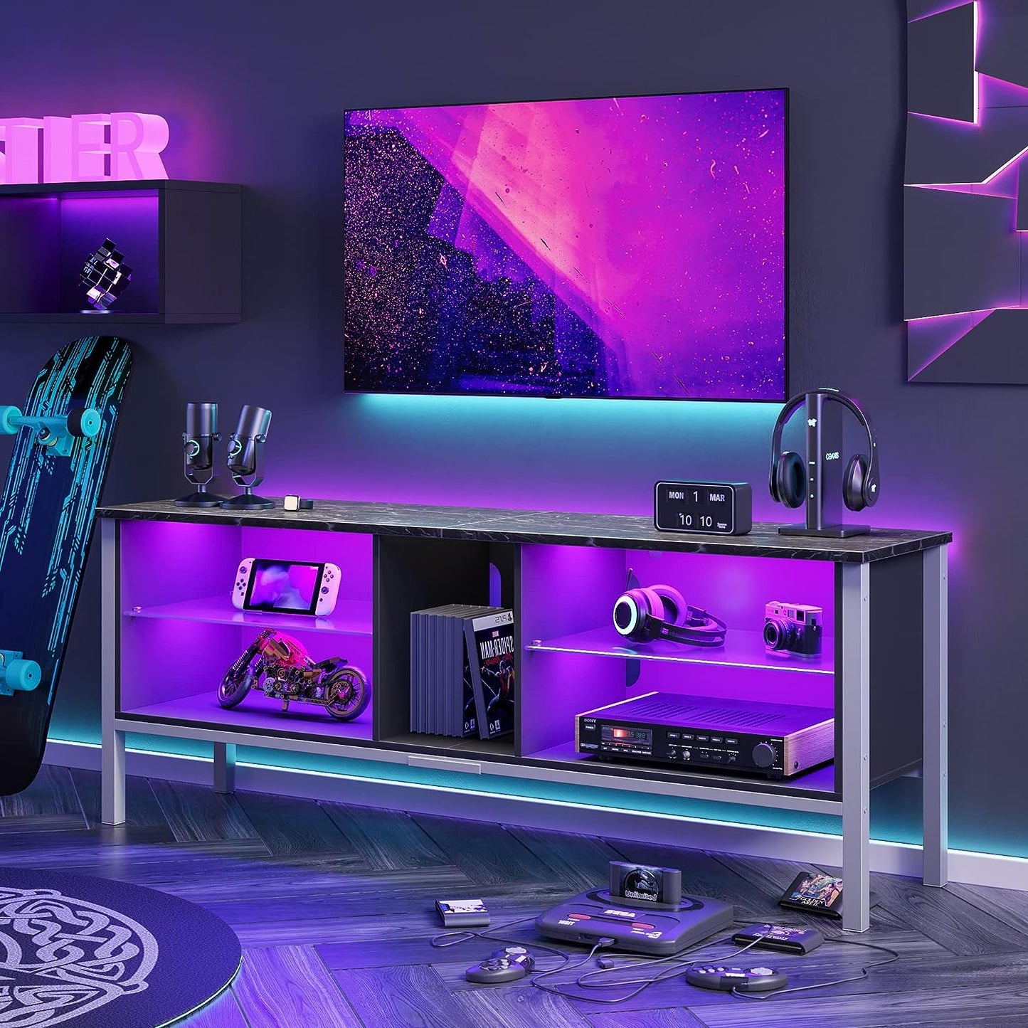 Gaming Entertainment Center for 65+ Inch TV with LED Lights & Adjustable Glass Shelves, Modern TV Stand Media Console, Fits TVs up to 75 Inch, Black Carbon Fiber Ideal for Living Room