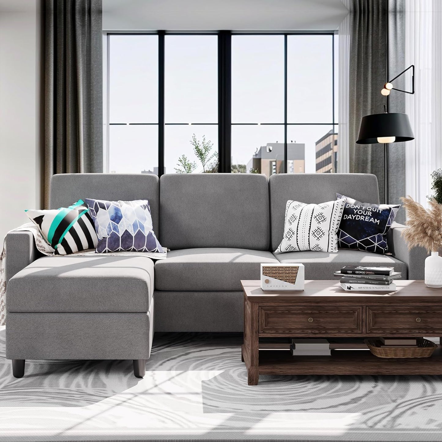 Convertible Sectional Sofa Couch, Modern Linen Fabric L-Shaped , 3-Seat Sofa Sectional with Reversible Chaise for Living Room, Apartment and Small Space