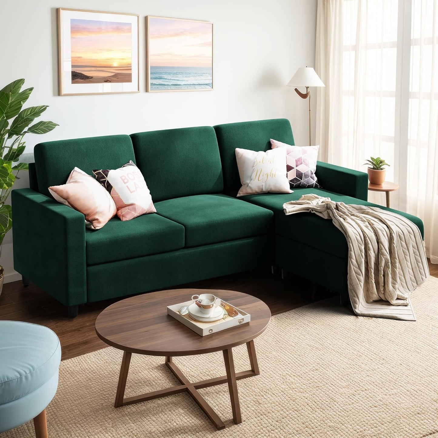 Convertible Sectional Sofa Couch, Modern Linen Fabric L-Shaped , 3-Seat Sofa Sectional with Reversible Chaise for Living Room, Apartment and Small Space