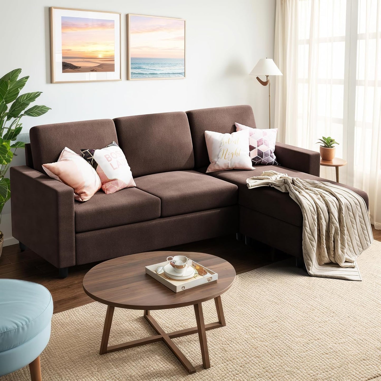 Convertible Sectional Sofa Couch, Modern Linen Fabric L-Shaped , 3-Seat Sofa Sectional with Reversible Chaise for Living Room, Apartment and Small Space