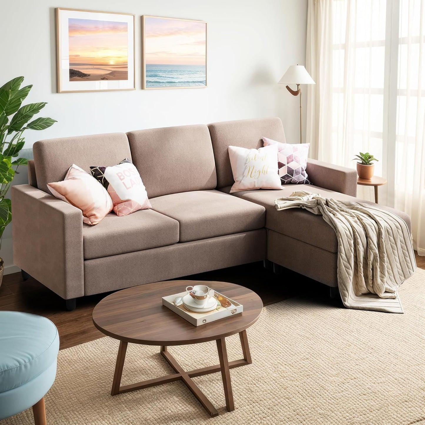 Convertible Sectional Sofa Couch, Modern Linen Fabric L-Shaped , 3-Seat Sofa Sectional with Reversible Chaise for Living Room, Apartment and Small Space