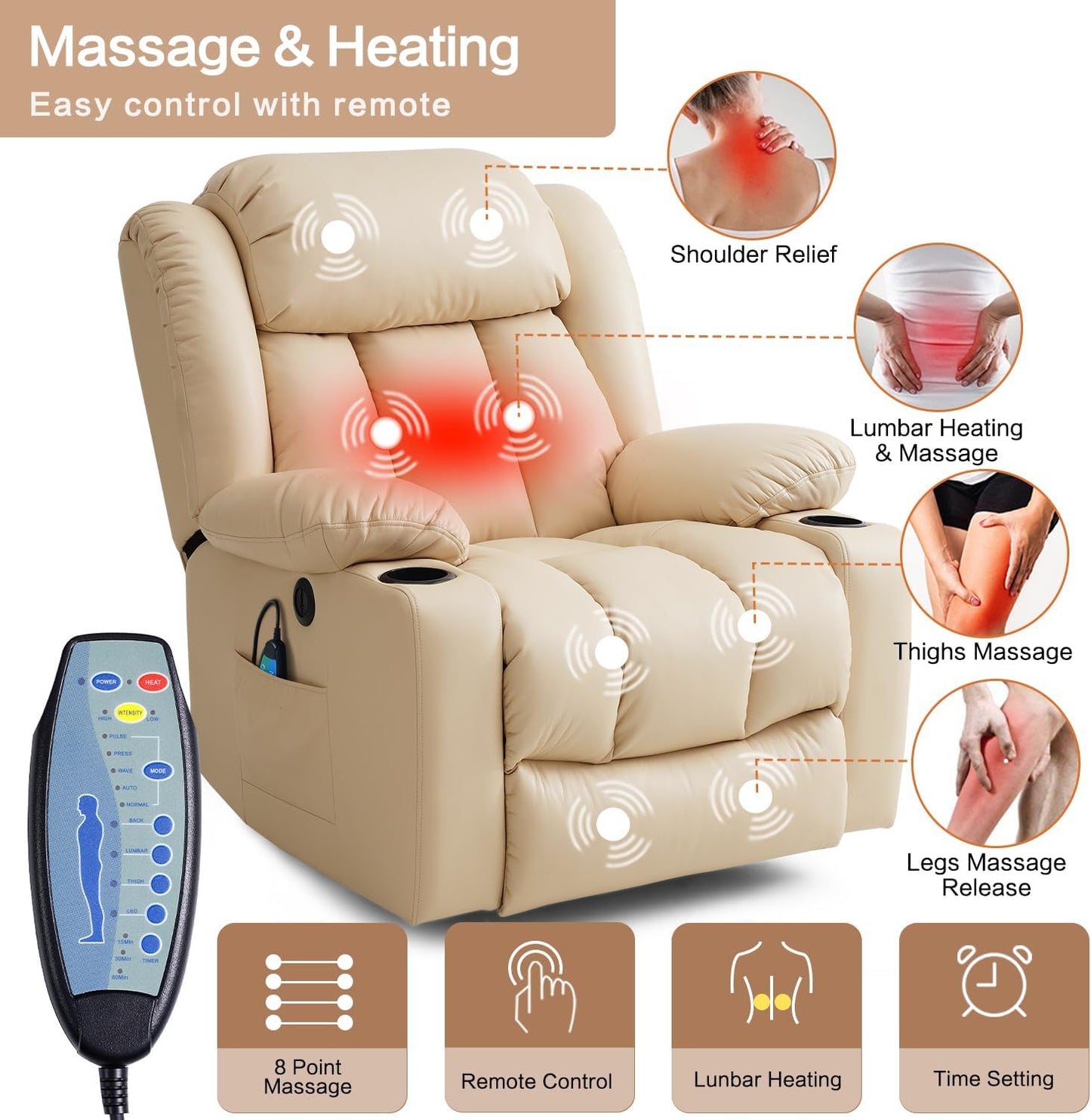 Large Power Lift Recliner Chair for Elderly with Massage and Heating Function,2 Side Pocket,2 Cup Holders,USB Charge Port