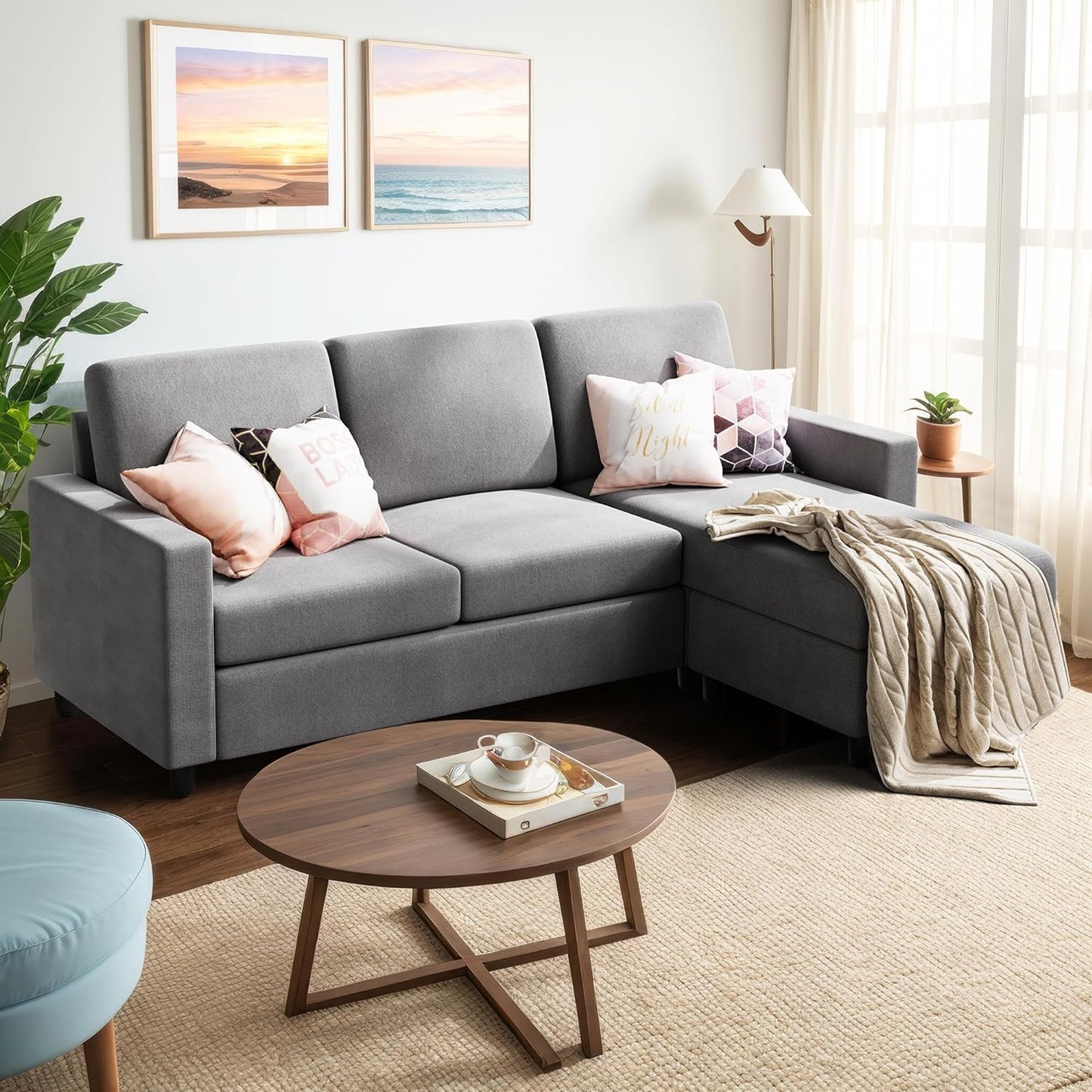 Convertible Sectional Sofa Couch, Modern Linen Fabric L-Shaped , 3-Seat Sofa Sectional with Reversible Chaise for Living Room, Apartment and Small Space