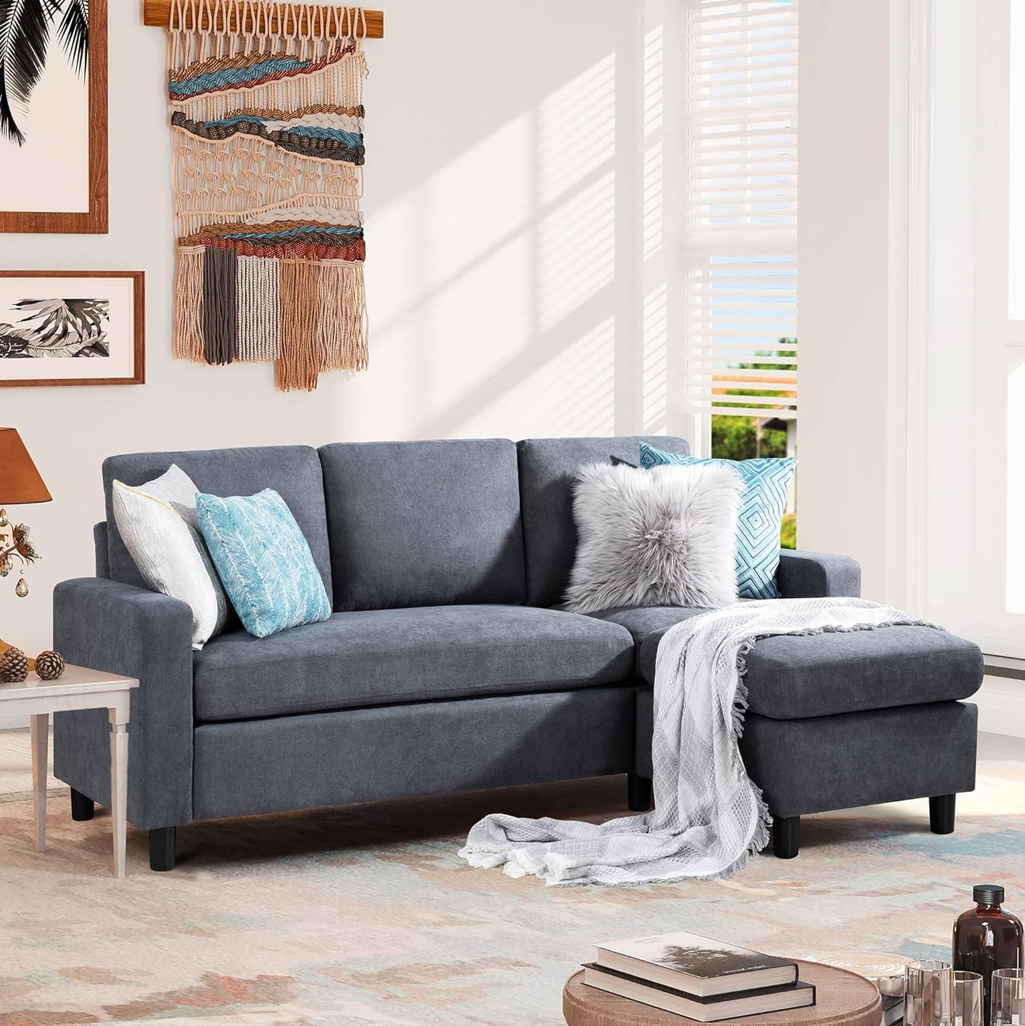 Convertible Sectional Sofa Couch, Modern Linen Fabric L-Shaped , 3-Seat Sofa Sectional with Reversible Chaise for Living Room, Apartment and Small Space