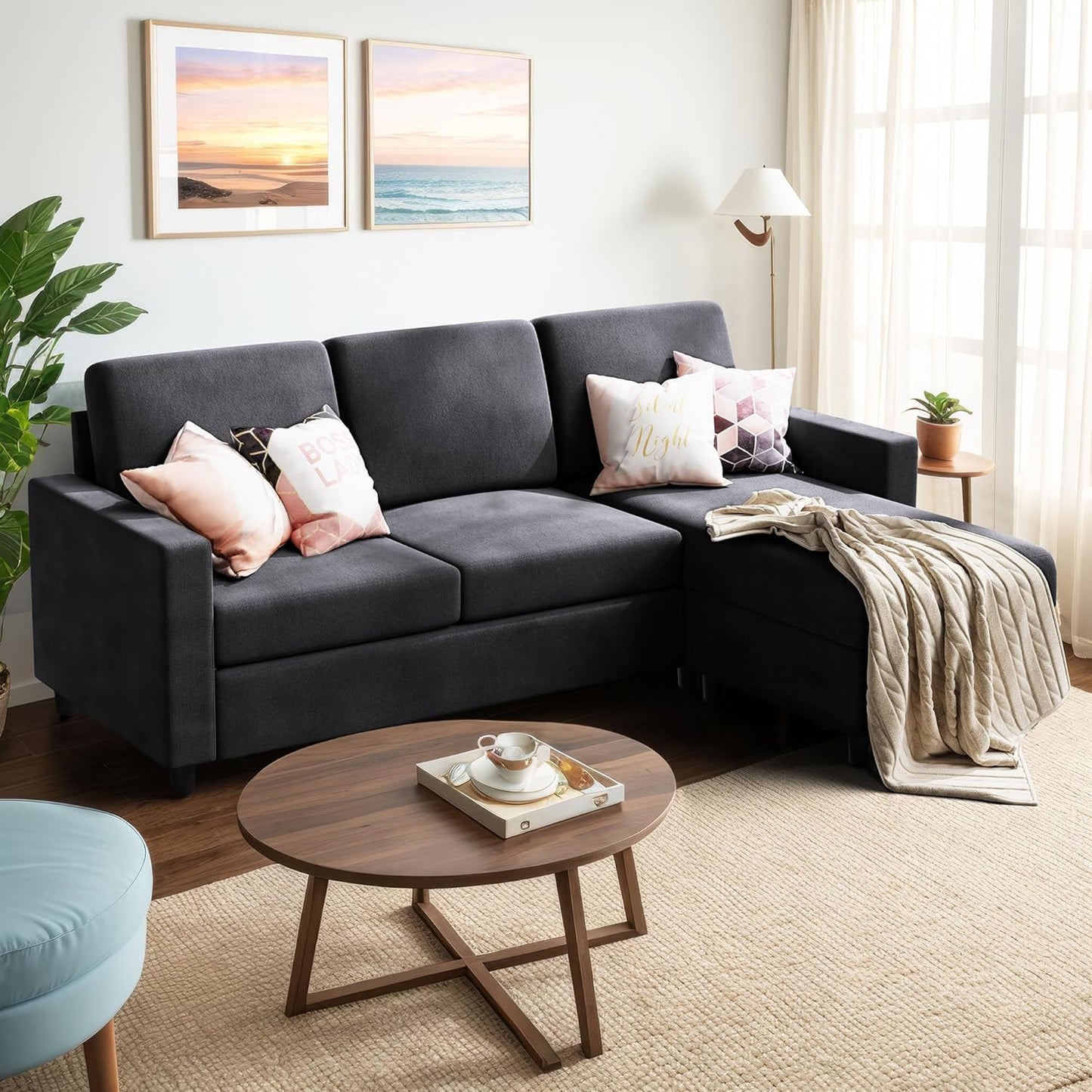 Convertible Sectional Sofa Couch, Modern Linen Fabric L-Shaped , 3-Seat Sofa Sectional with Reversible Chaise for Living Room, Apartment and Small Space