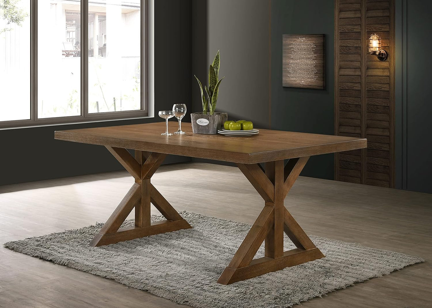 Morden Farmhouse Wood 7-Piece Trestle Dining Set, Brushed Driftwood