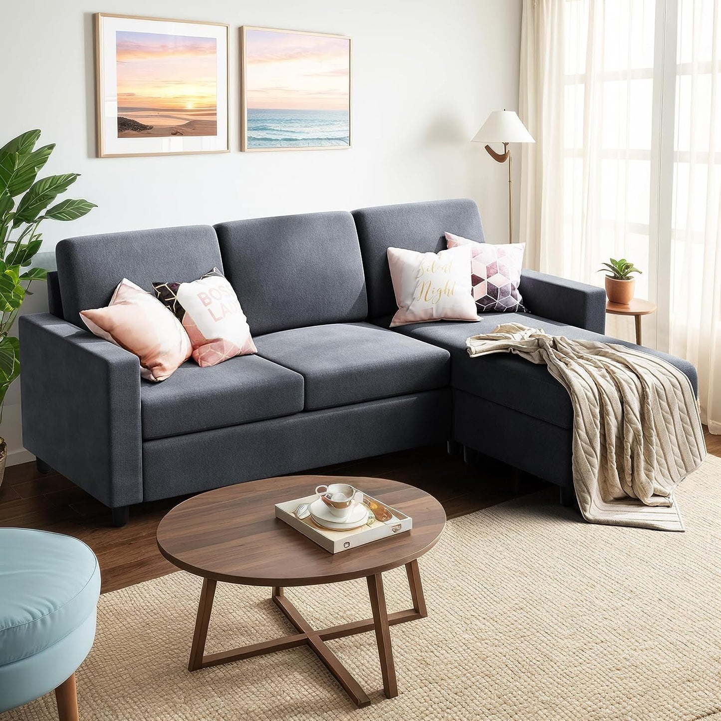 Convertible Sectional Sofa Couch, Modern Linen Fabric L-Shaped , 3-Seat Sofa Sectional with Reversible Chaise for Living Room, Apartment and Small Space