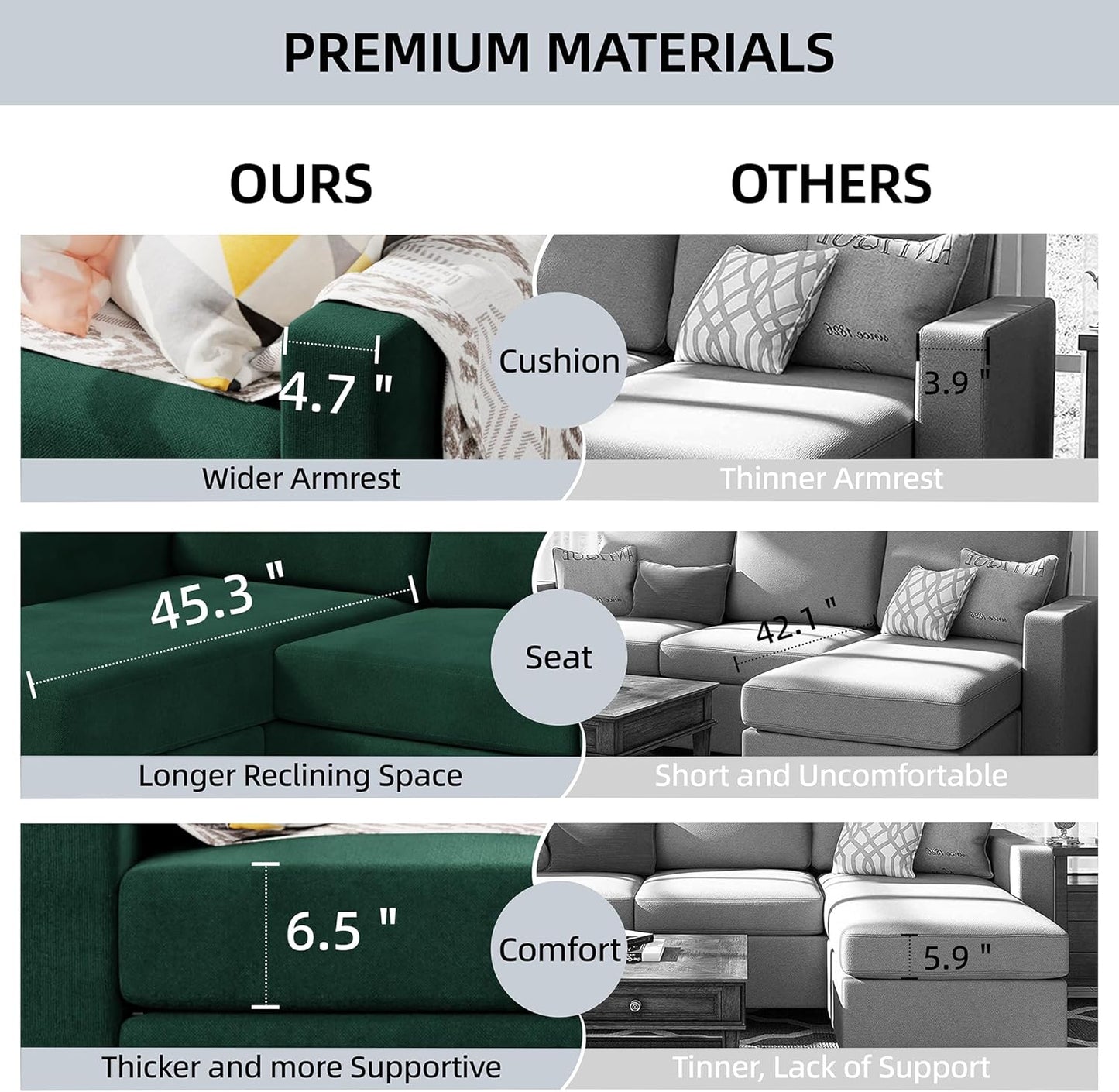 Convertible Sectional Sofa Couch, Modern Linen Fabric L-Shaped , 3-Seat Sofa Sectional with Reversible Chaise for Living Room, Apartment and Small Space