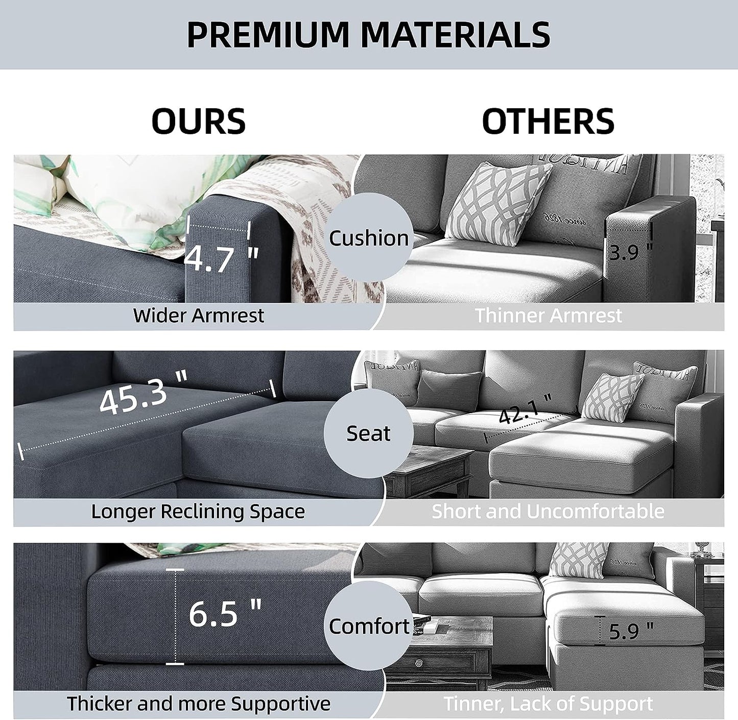 Convertible Sectional Sofa Couch, Modern Linen Fabric L-Shaped , 3-Seat Sofa Sectional with Reversible Chaise for Living Room, Apartment and Small Space