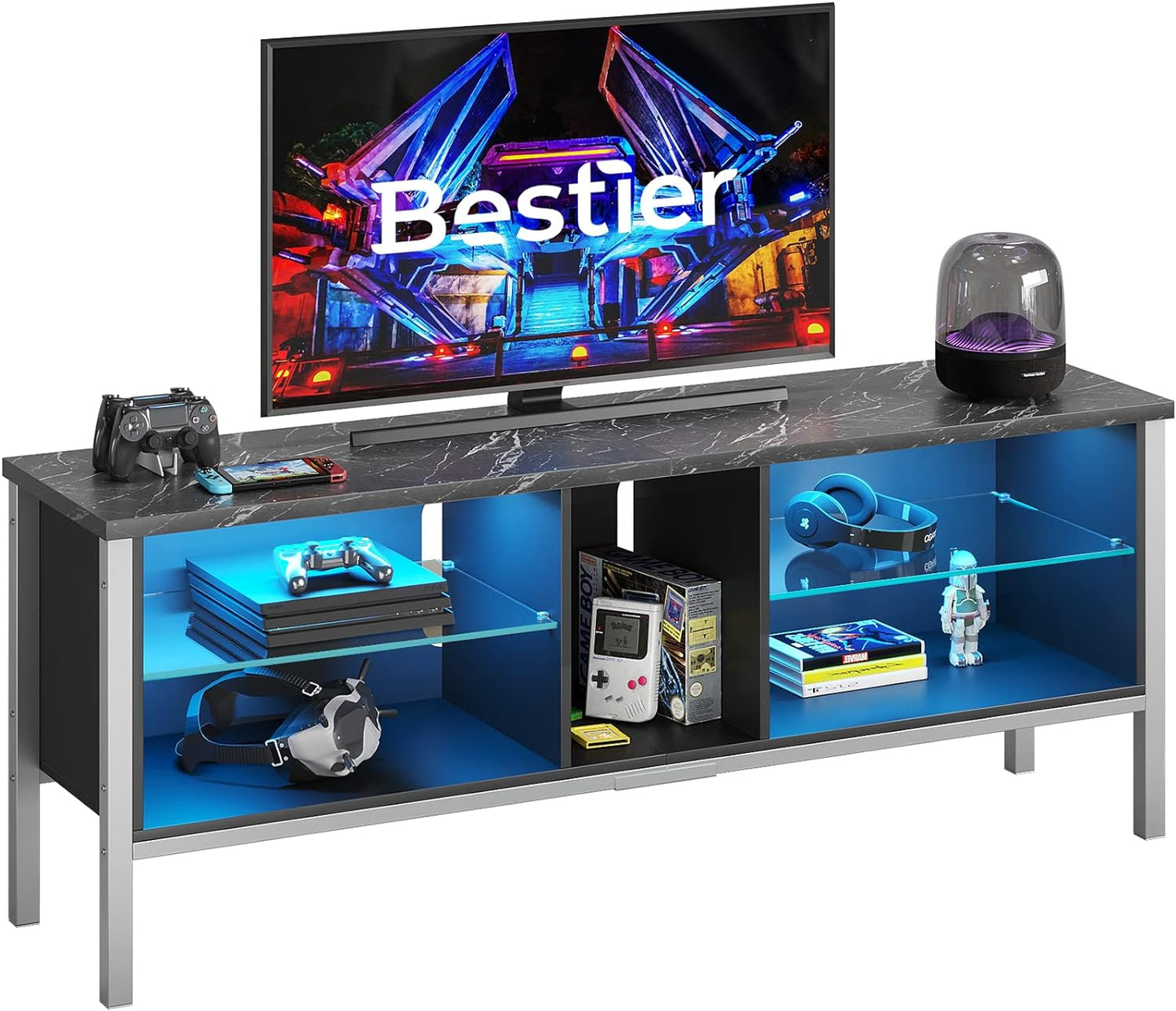 Gaming Entertainment Center for 65+ Inch TV with LED Lights & Adjustable Glass Shelves, Modern TV Stand Media Console, Fits TVs up to 75 Inch, Black Carbon Fiber Ideal for Living Room
