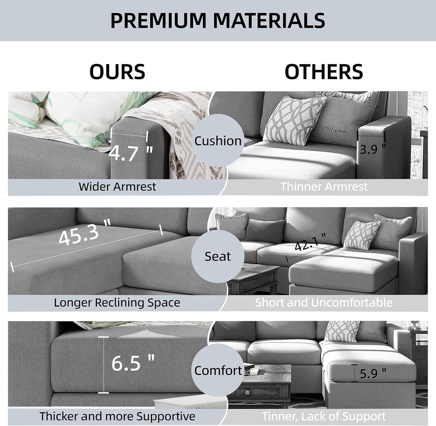 Convertible Sectional Sofa Couch, Modern Linen Fabric L-Shaped , 3-Seat Sofa Sectional with Reversible Chaise for Living Room, Apartment and Small Space