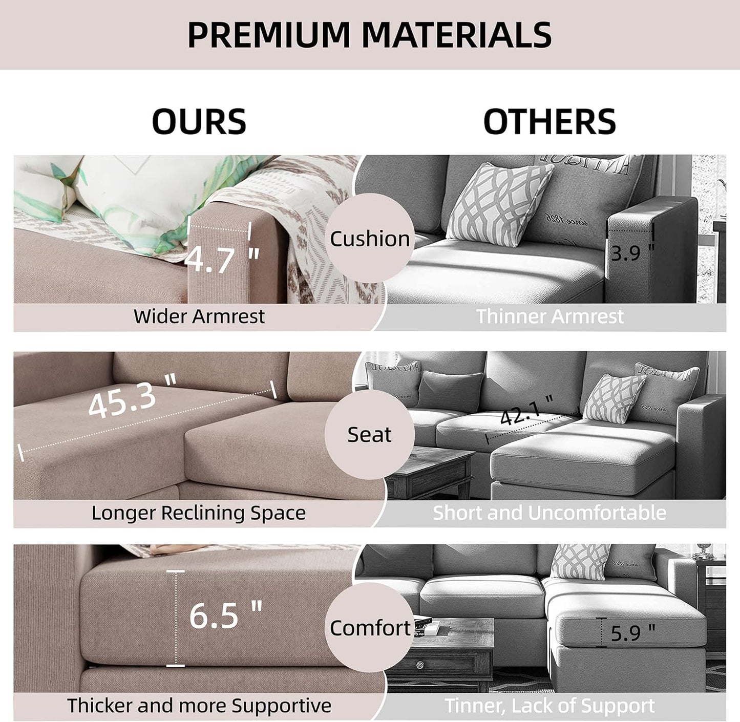 Convertible Sectional Sofa Couch, Modern Linen Fabric L-Shaped , 3-Seat Sofa Sectional with Reversible Chaise for Living Room, Apartment and Small Space