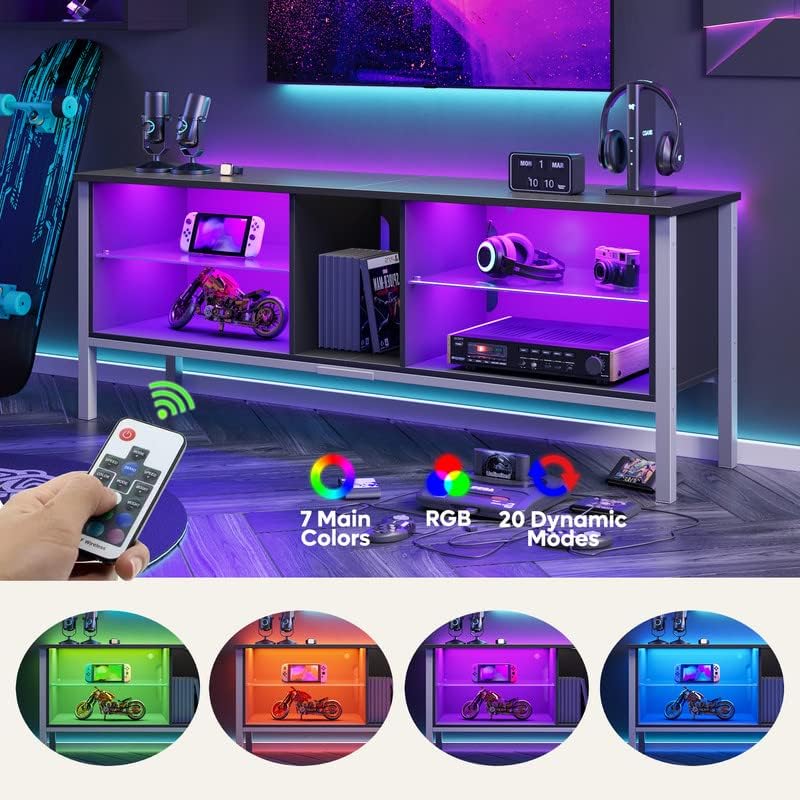 Gaming Entertainment Center for 65+ Inch TV with LED Lights & Adjustable Glass Shelves, Modern TV Stand Media Console, Fits TVs up to 75 Inch, Black Carbon Fiber Ideal for Living Room