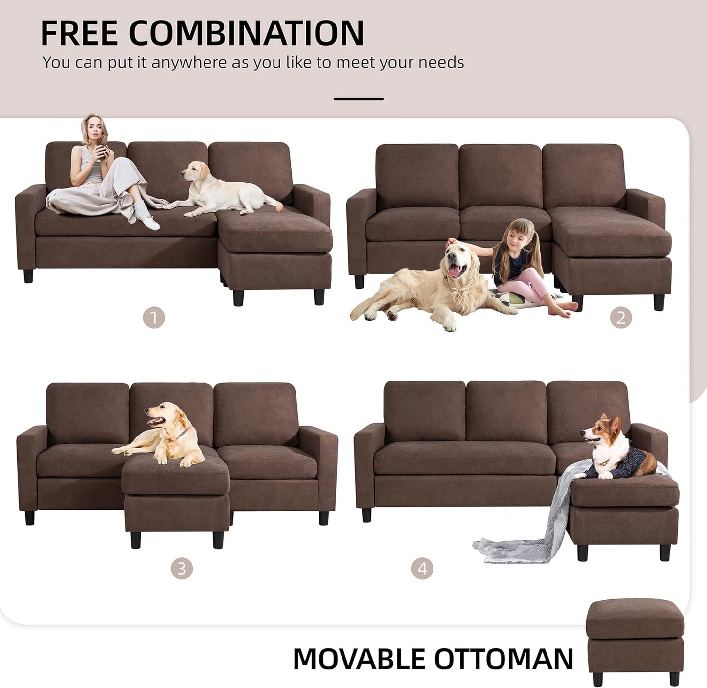 Convertible Sectional Sofa Couch, Modern Linen Fabric L-Shaped , 3-Seat Sofa Sectional with Reversible Chaise for Living Room, Apartment and Small Space