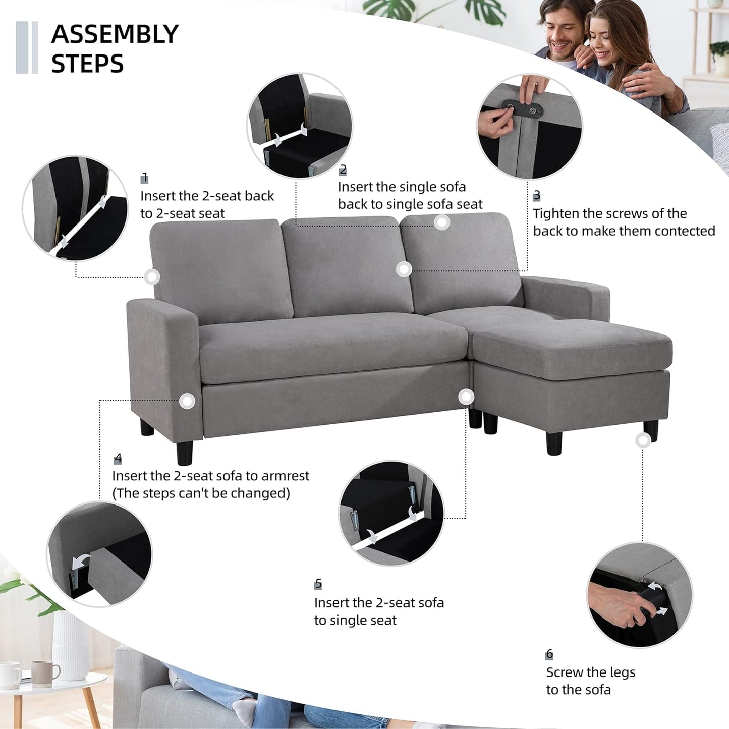 Convertible Sectional Sofa Couch, Modern Linen Fabric L-Shaped , 3-Seat Sofa Sectional with Reversible Chaise for Living Room, Apartment and Small Space
