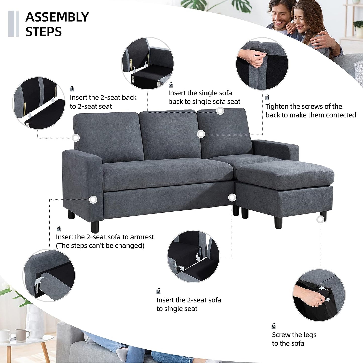 Convertible Sectional Sofa Couch, Modern Linen Fabric L-Shaped , 3-Seat Sofa Sectional with Reversible Chaise for Living Room, Apartment and Small Space