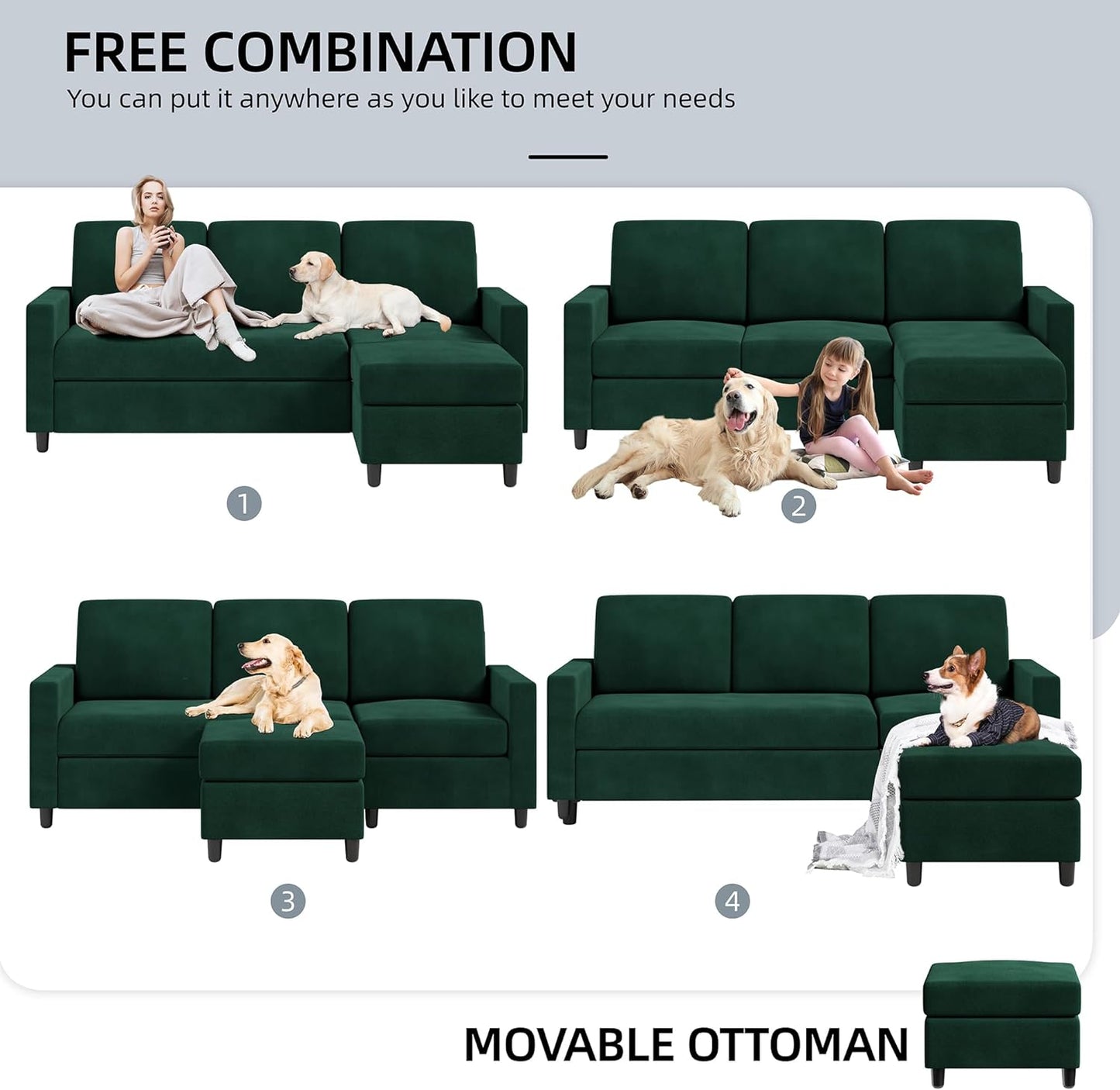 Convertible Sectional Sofa Couch, Modern Linen Fabric L-Shaped , 3-Seat Sofa Sectional with Reversible Chaise for Living Room, Apartment and Small Space