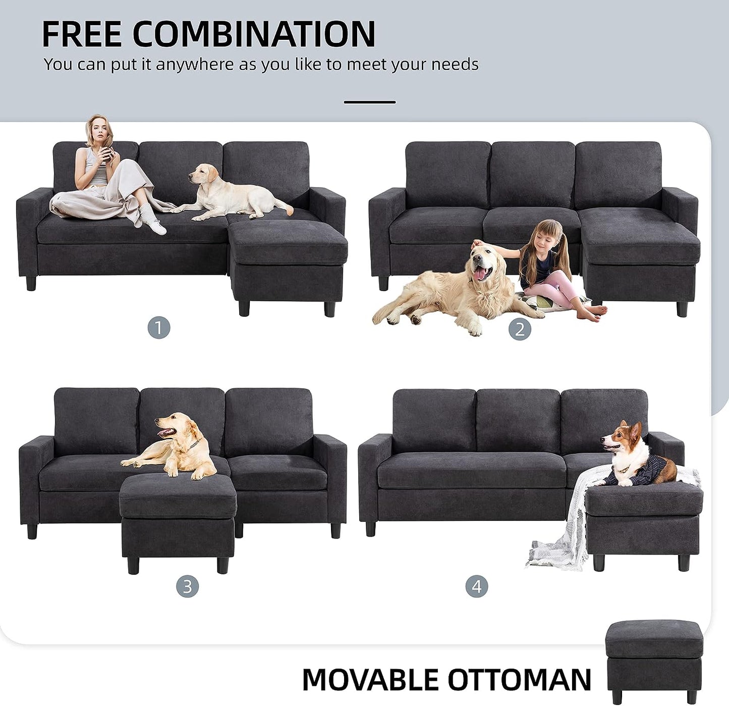 Convertible Sectional Sofa Couch, Modern Linen Fabric L-Shaped , 3-Seat Sofa Sectional with Reversible Chaise for Living Room, Apartment and Small Space