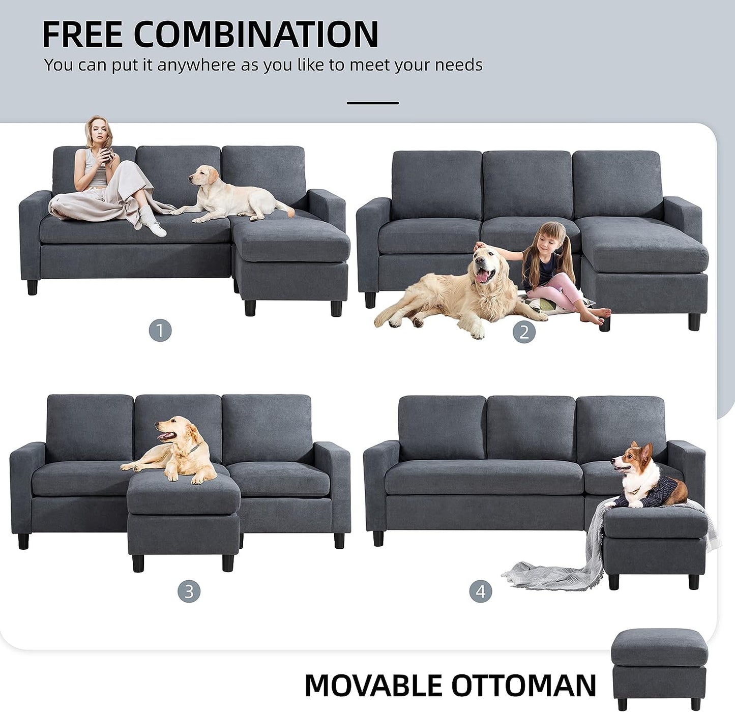 Convertible Sectional Sofa Couch, Modern Linen Fabric L-Shaped , 3-Seat Sofa Sectional with Reversible Chaise for Living Room, Apartment and Small Space