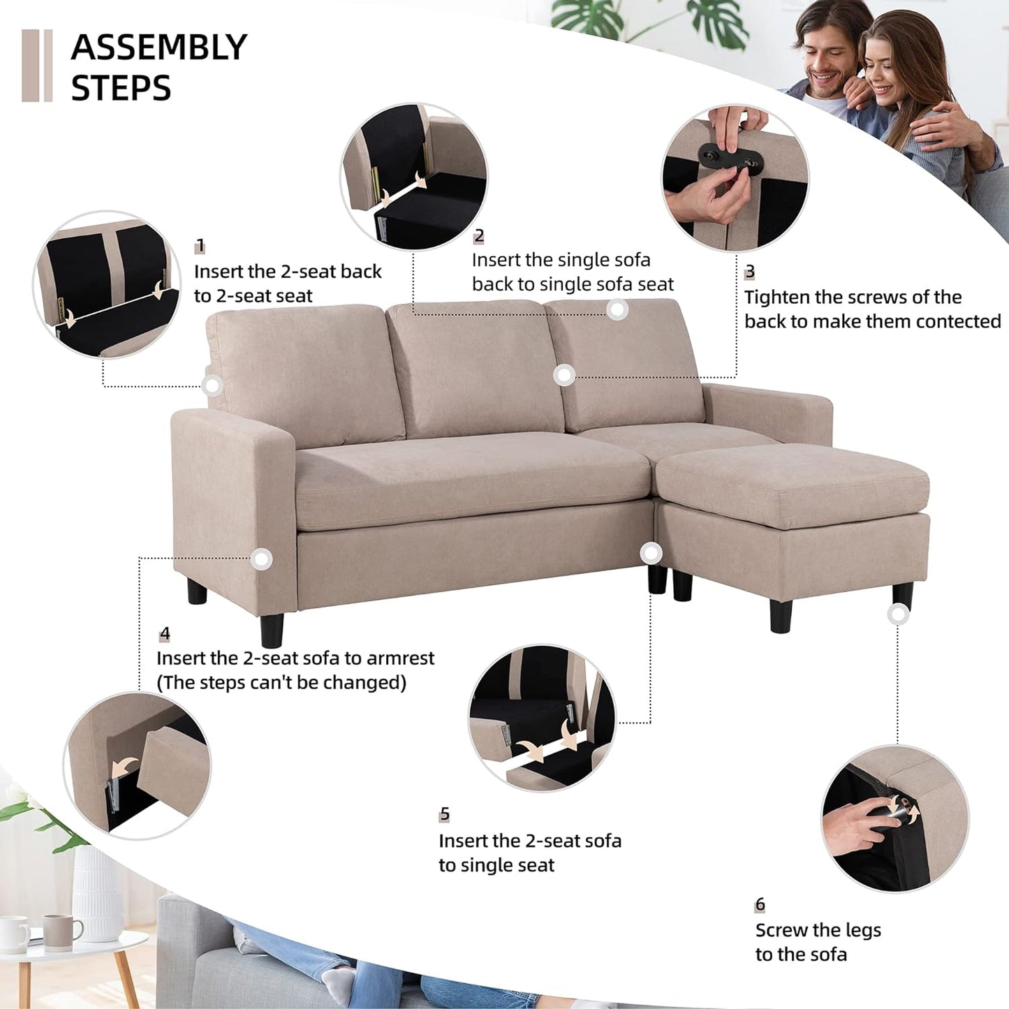 Convertible Sectional Sofa Couch, Modern Linen Fabric L-Shaped , 3-Seat Sofa Sectional with Reversible Chaise for Living Room, Apartment and Small Space