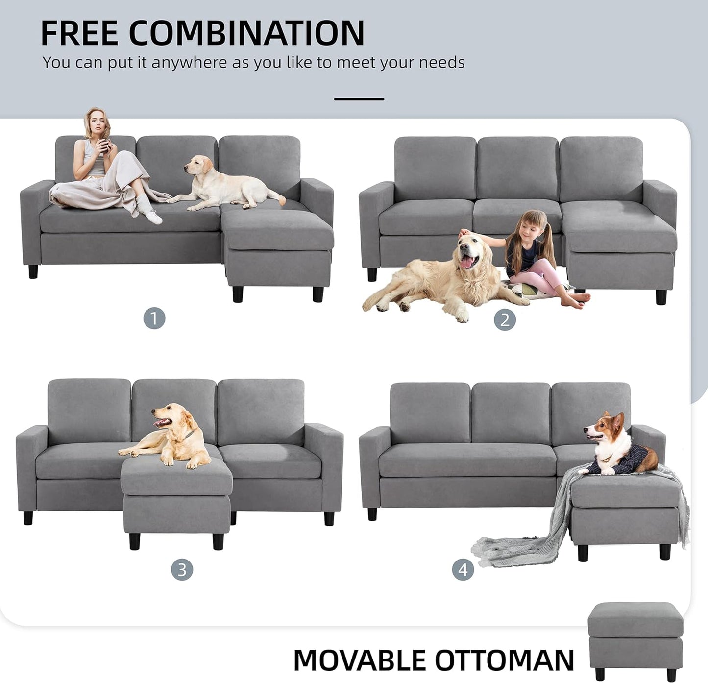 Convertible Sectional Sofa Couch, Modern Linen Fabric L-Shaped , 3-Seat Sofa Sectional with Reversible Chaise for Living Room, Apartment and Small Space