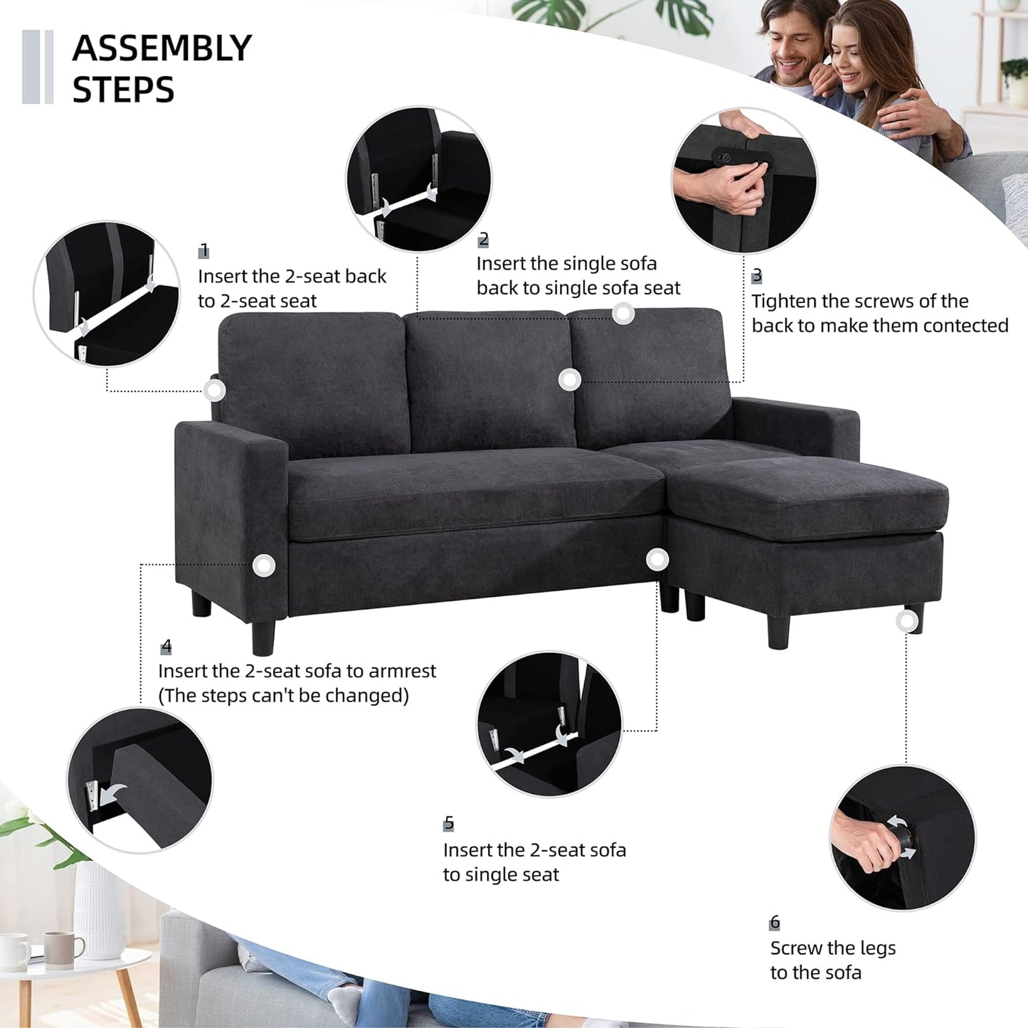 Convertible Sectional Sofa Couch, Modern Linen Fabric L-Shaped , 3-Seat Sofa Sectional with Reversible Chaise for Living Room, Apartment and Small Space
