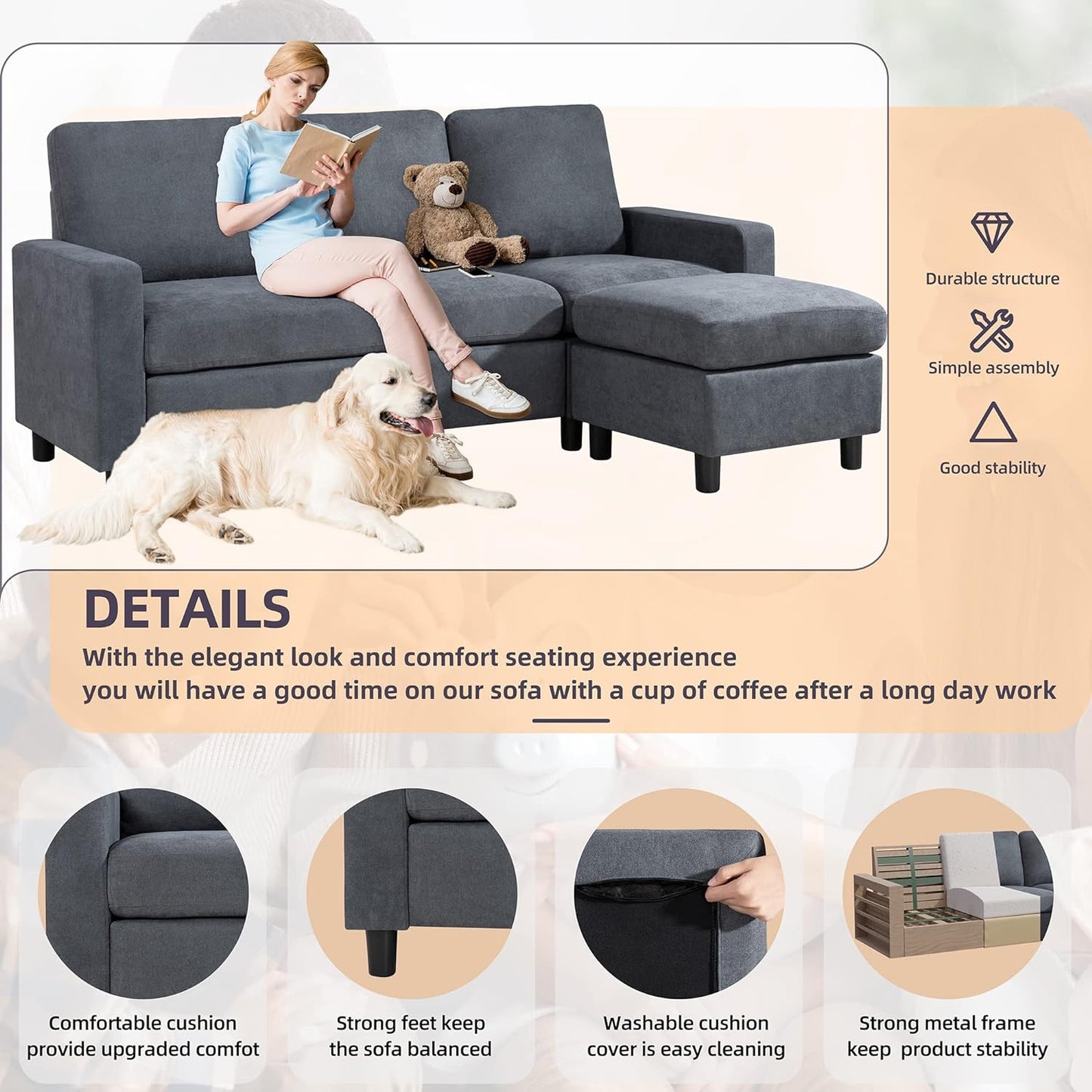 Convertible Sectional Sofa Couch, Modern Linen Fabric L-Shaped , 3-Seat Sofa Sectional with Reversible Chaise for Living Room, Apartment and Small Space