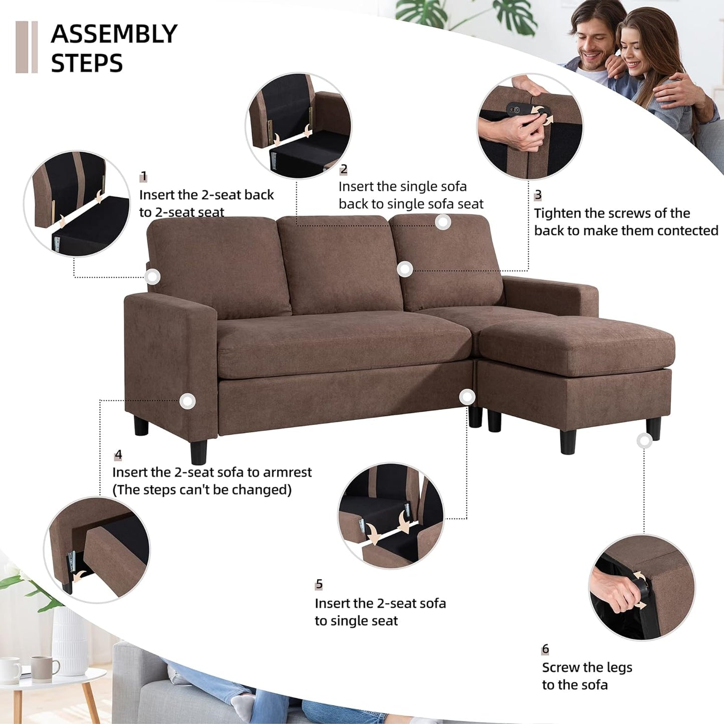 Convertible Sectional Sofa Couch, Modern Linen Fabric L-Shaped , 3-Seat Sofa Sectional with Reversible Chaise for Living Room, Apartment and Small Space