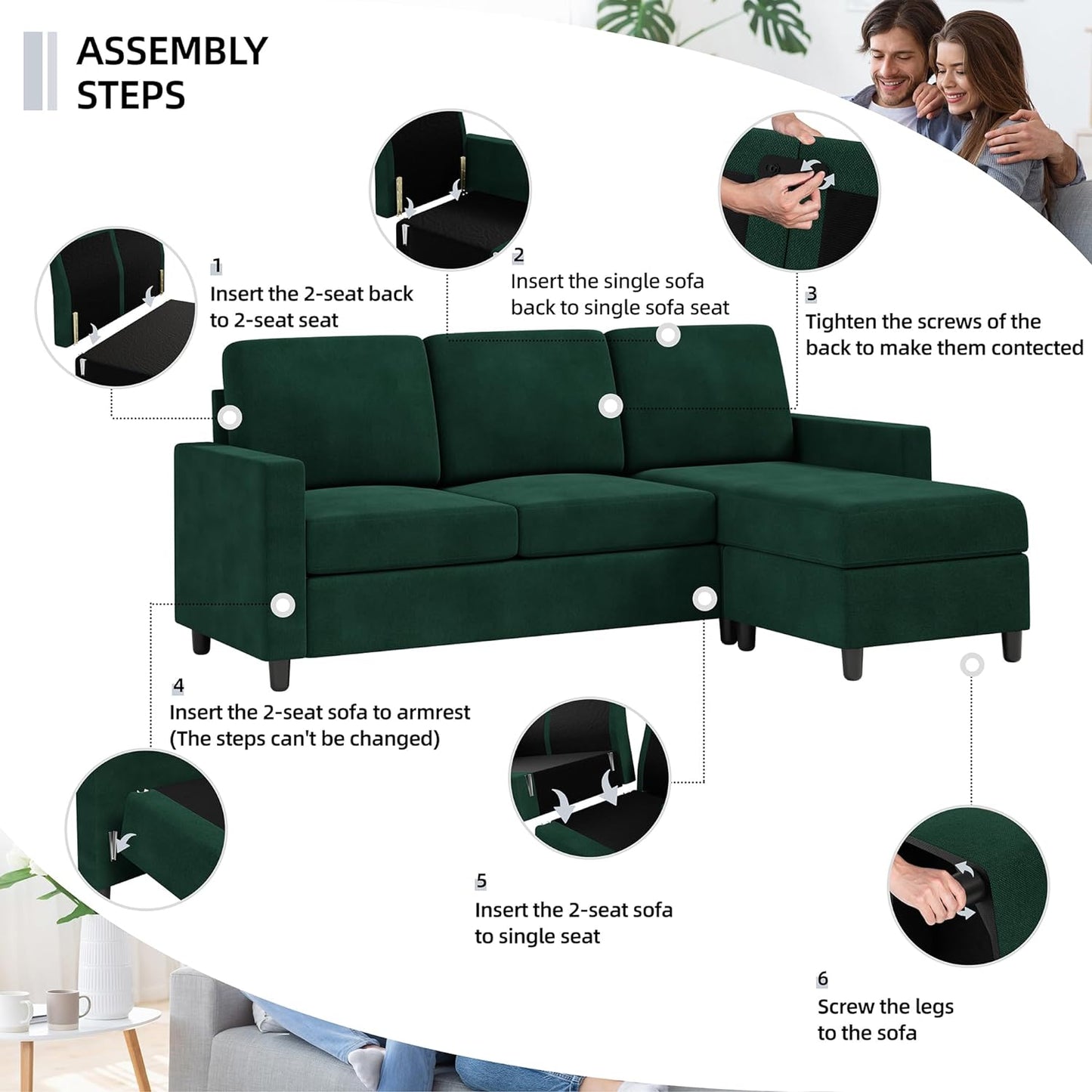 Convertible Sectional Sofa Couch, Modern Linen Fabric L-Shaped , 3-Seat Sofa Sectional with Reversible Chaise for Living Room, Apartment and Small Space