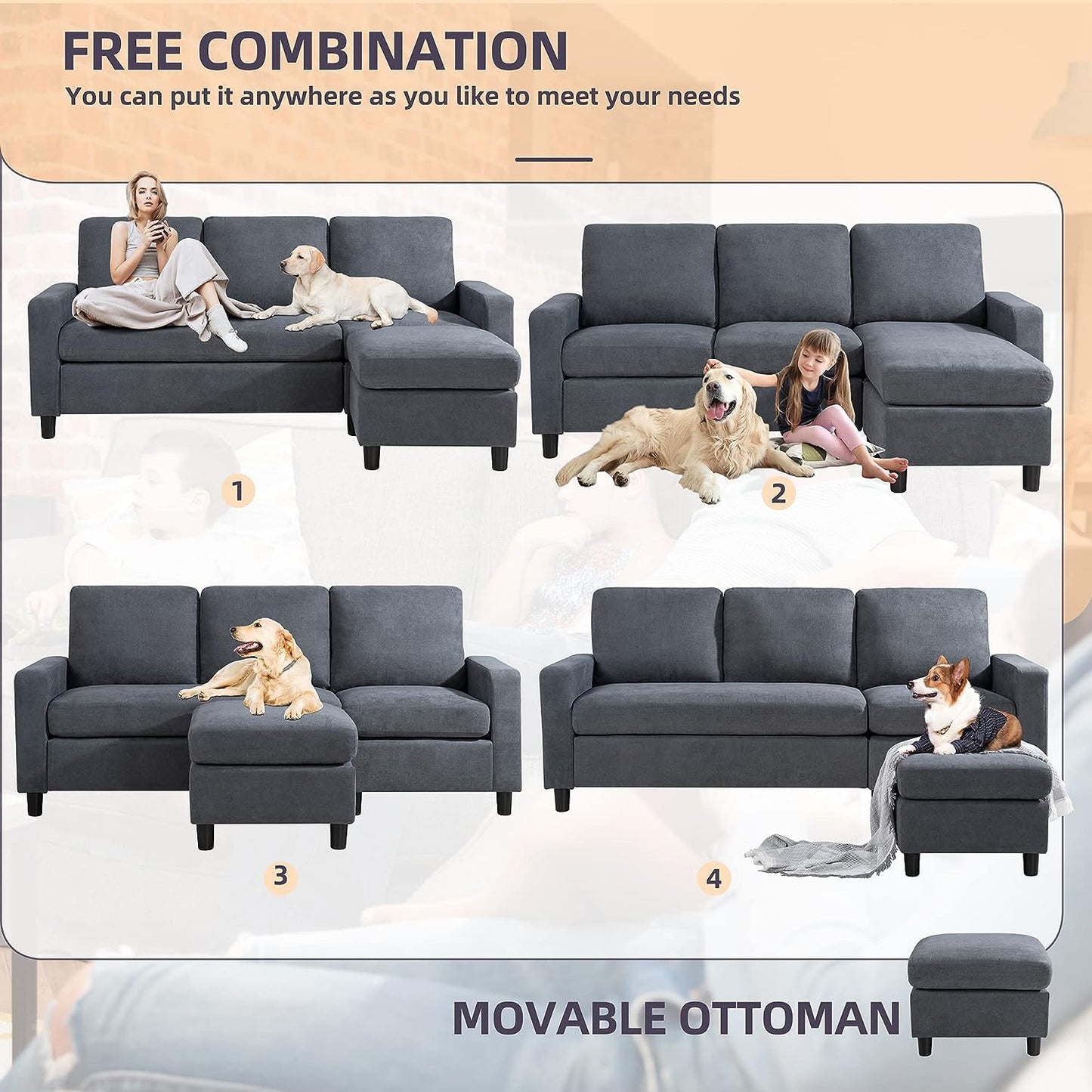 Convertible Sectional Sofa Couch, Modern Linen Fabric L-Shaped , 3-Seat Sofa Sectional with Reversible Chaise for Living Room, Apartment and Small Space