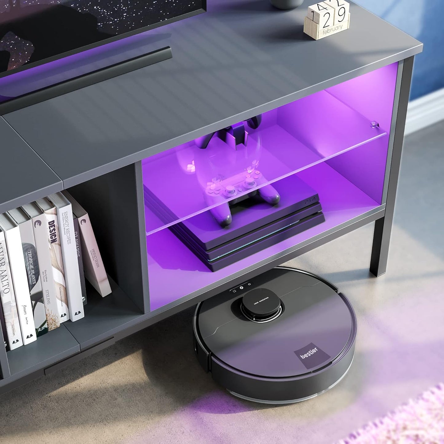 Gaming Entertainment Center for 65+ Inch TV with LED Lights & Adjustable Glass Shelves, Modern TV Stand Media Console, Fits TVs up to 75 Inch, Black Carbon Fiber Ideal for Living Room