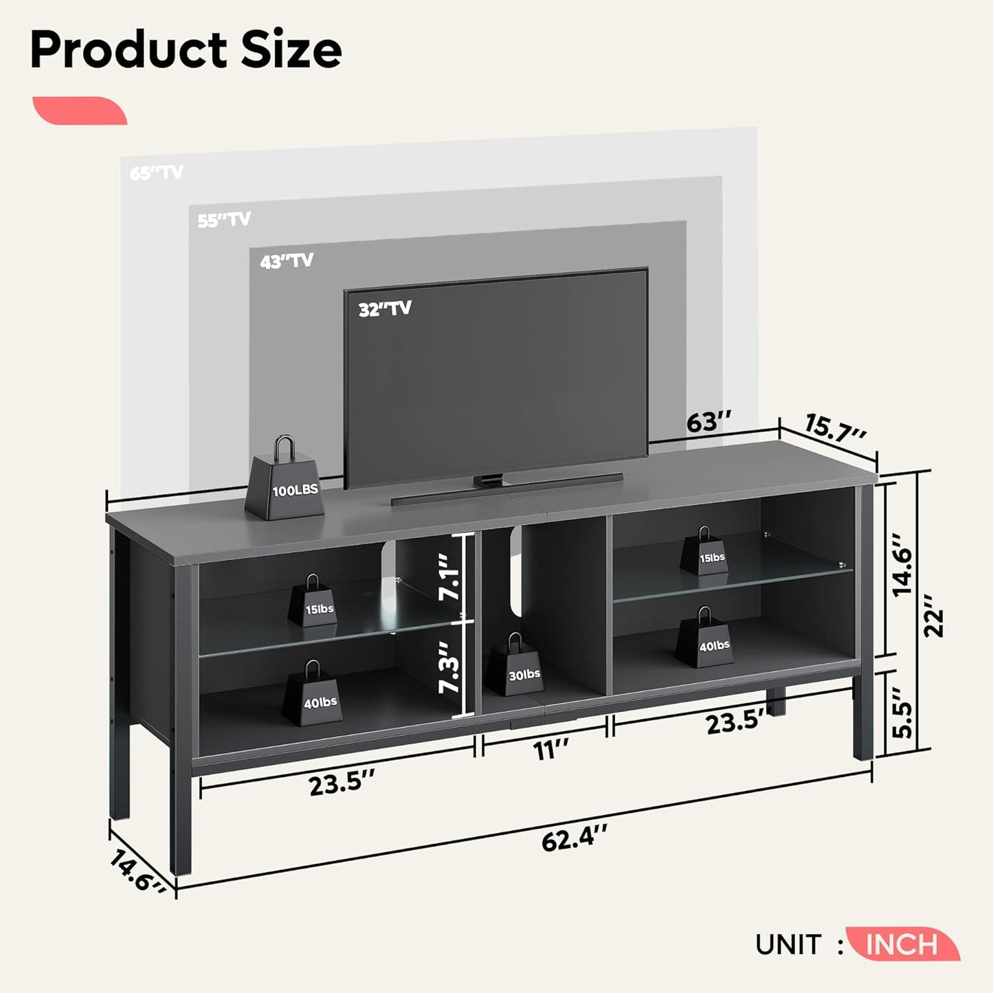 Gaming Entertainment Center for 65+ Inch TV with LED Lights & Adjustable Glass Shelves, Modern TV Stand Media Console, Fits TVs up to 75 Inch, Black Carbon Fiber Ideal for Living Room