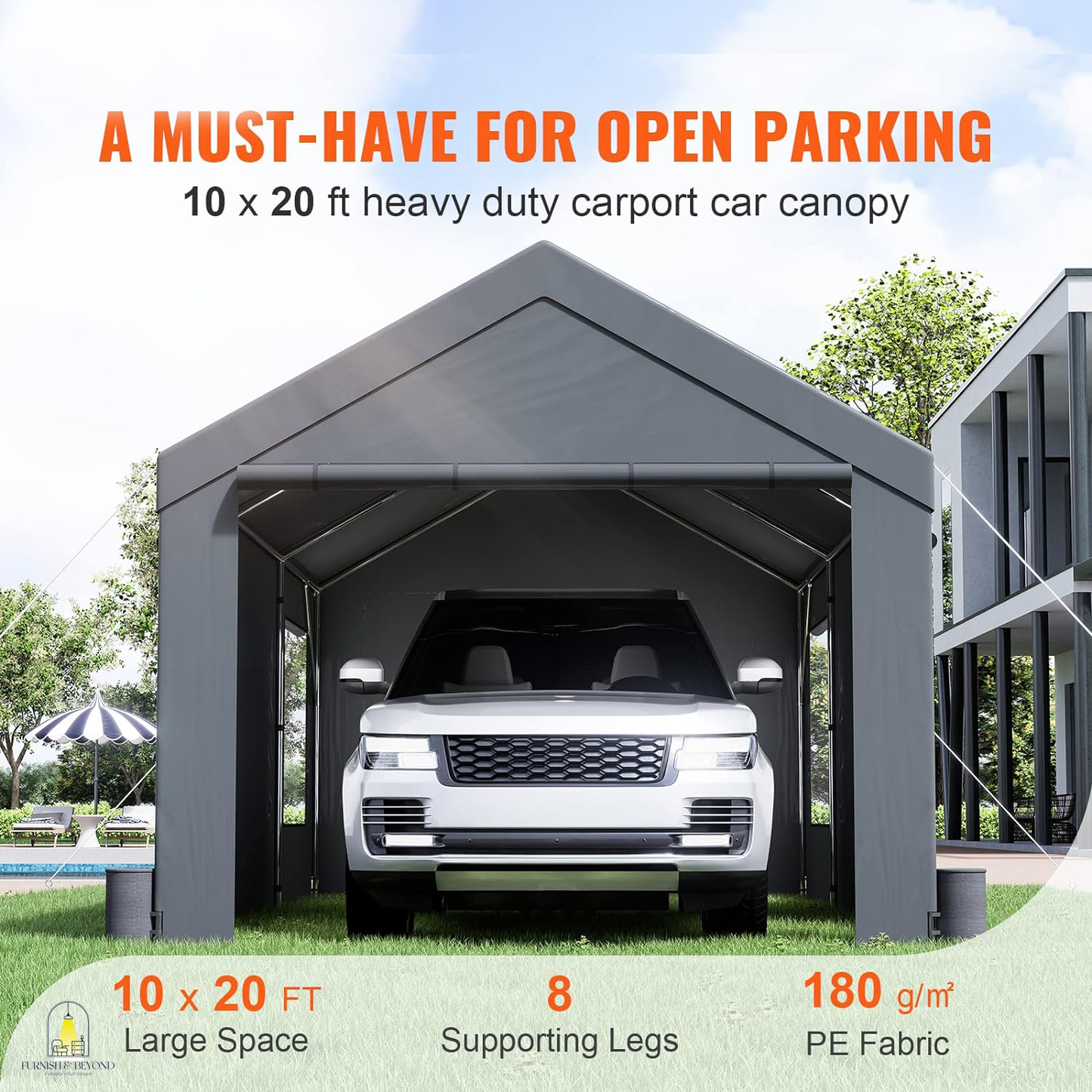 10x20ft Heavy Duty Car Canopy, Portable Garage with Roll-up Ventilated Windows & Removable Sidewalls, UV Resistant Waterproof All-Season Tarp for SUV, F150, Car, Truck, Boat