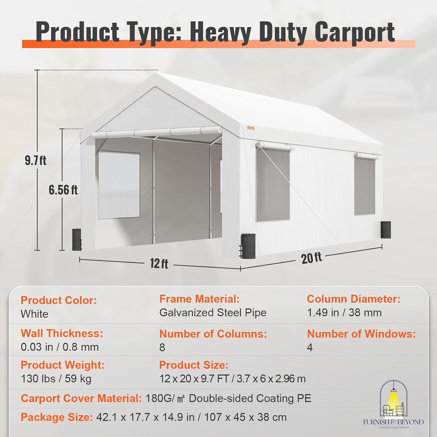 10x20ft Heavy Duty Car Canopy, Portable Garage with Roll-up Ventilated Windows & Removable Sidewalls, UV Resistant Waterproof All-Season Tarp for SUV, F150, Car, Truck, Boat