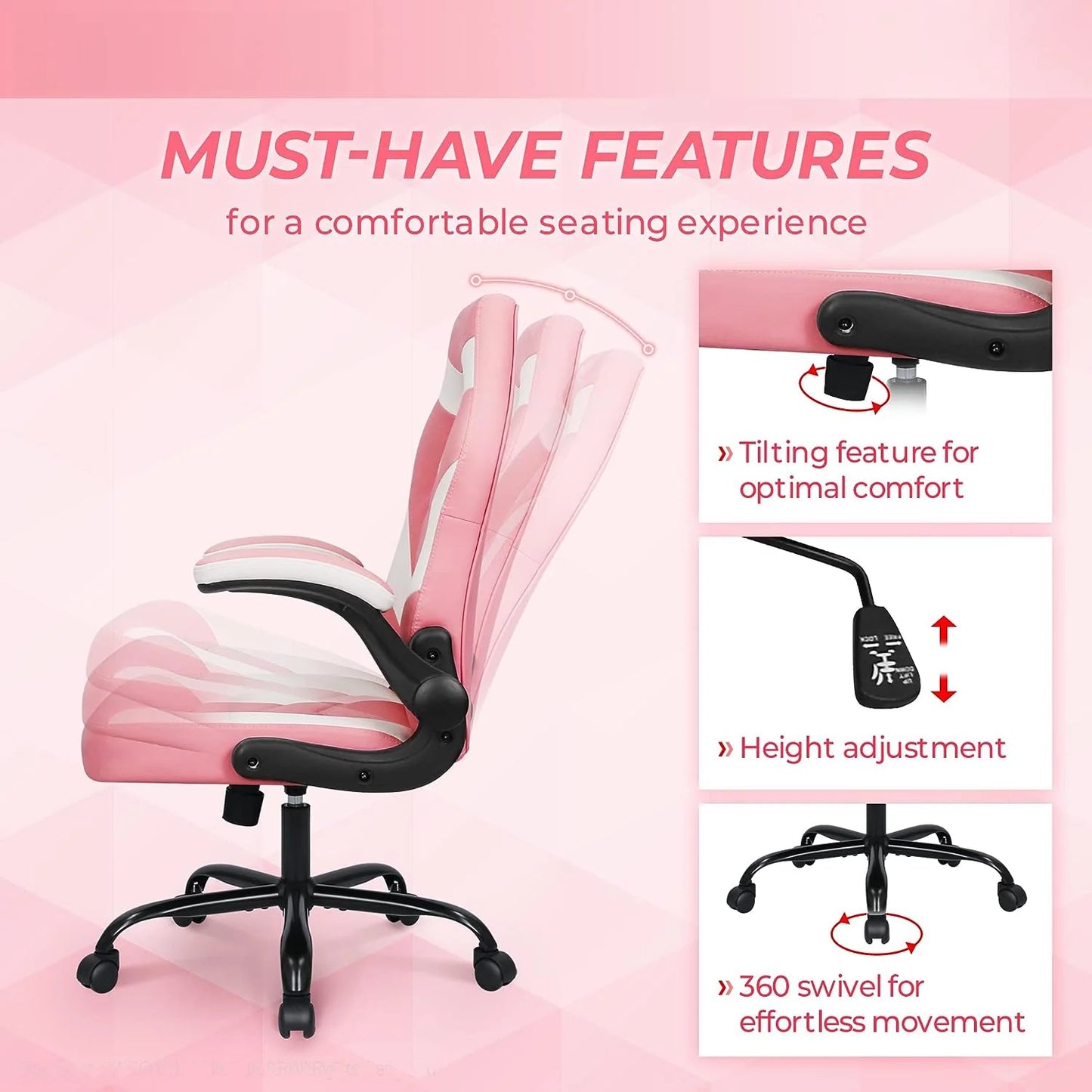 Gaming Chair Ergonomic Office Chair Computer Desk Chair with Lumbar Support Flip Up Arms Adjustable Height Swivel PU Leather Executive PC Chair with Wheels for Adults Women Men