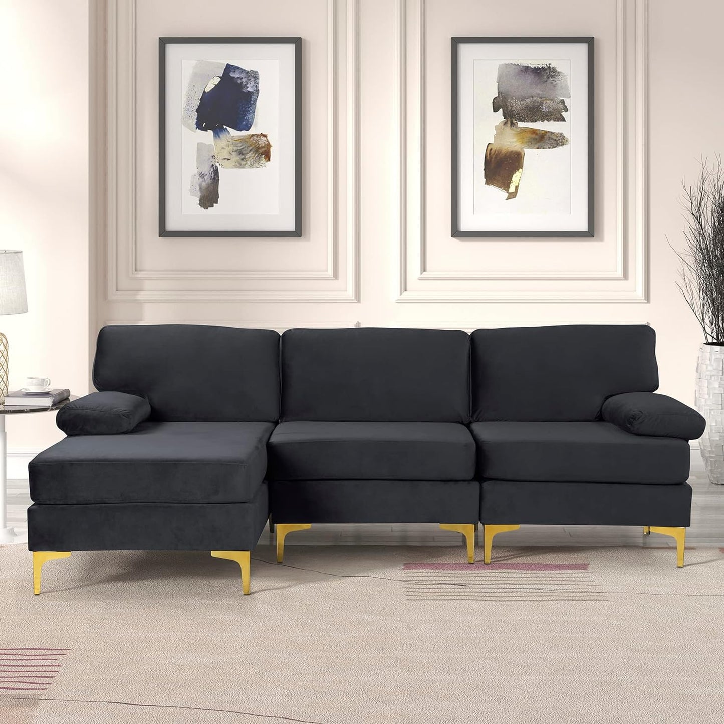 Furniture Modern Large Velvet Fabric Sectional Sofa, L-Shape Couch with Extra Wide Chaise Lounge