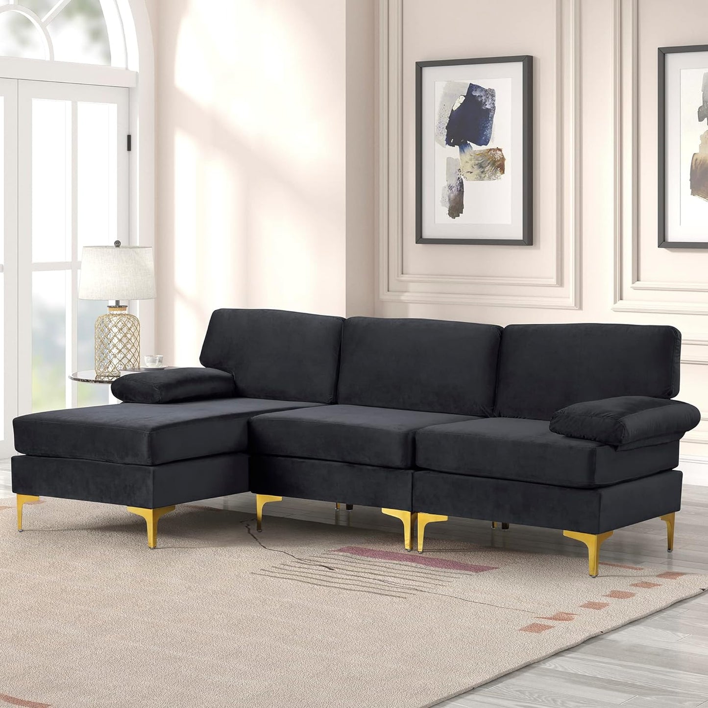Furniture Modern Large Velvet Fabric Sectional Sofa, L-Shape Couch with Extra Wide Chaise Lounge