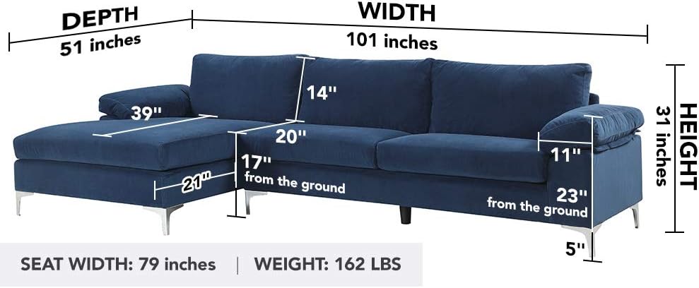 Furniture Modern Large Velvet Fabric Sectional Sofa, L-Shape Couch with Extra Wide Chaise Lounge