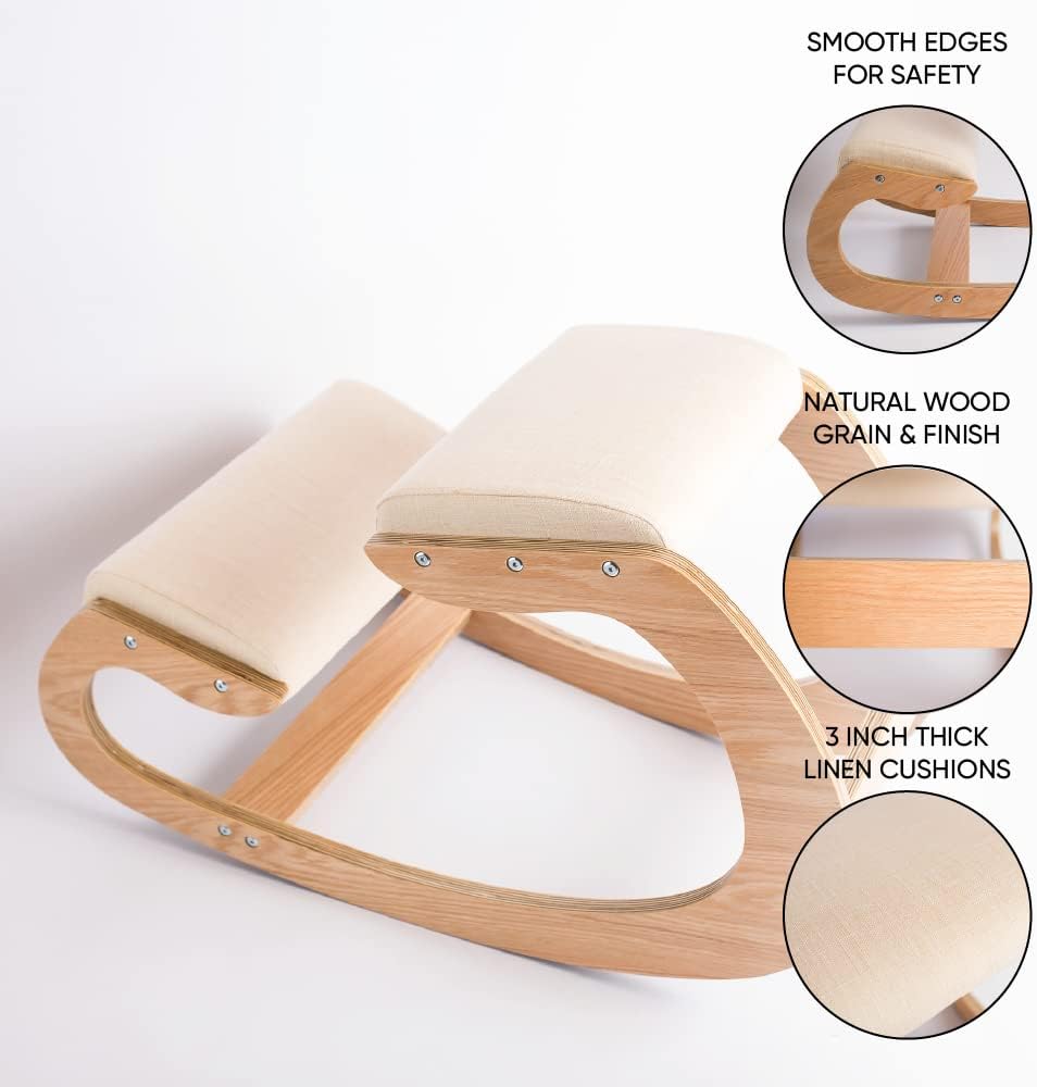 Ergonomic Kneeling Chair - Desk Chairs for Upright Posture - Rocking Stool & Balancing Seat for Home & Office - Wood & Linen Cushion - Relief for Neck and Back Pain
