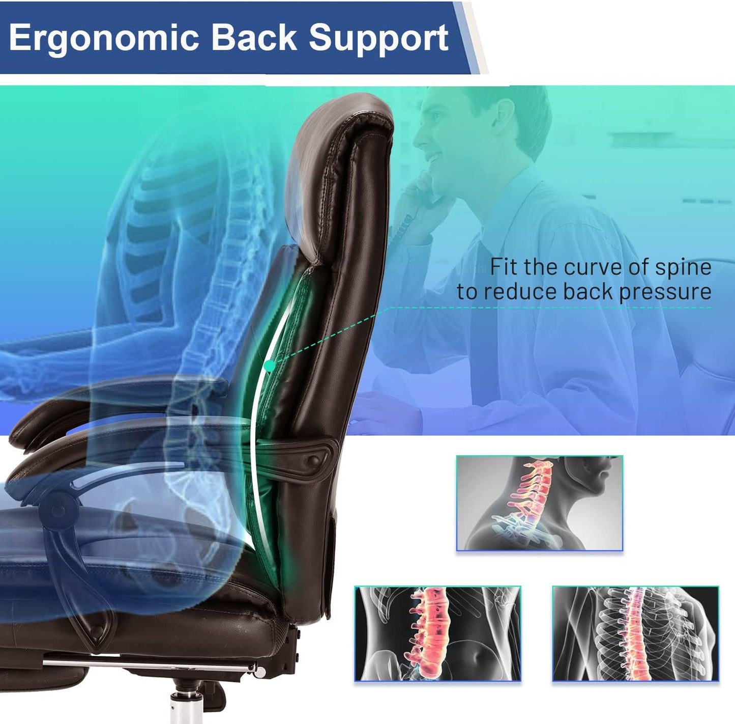 Executive Office Chair, Ergonomic Big and Tall Leather Swivel Rolling Managerial Reclining Computer Desk Task Chair, Adjustable High Back Recliner Chair with Padded Armrests and Retractable Footrest