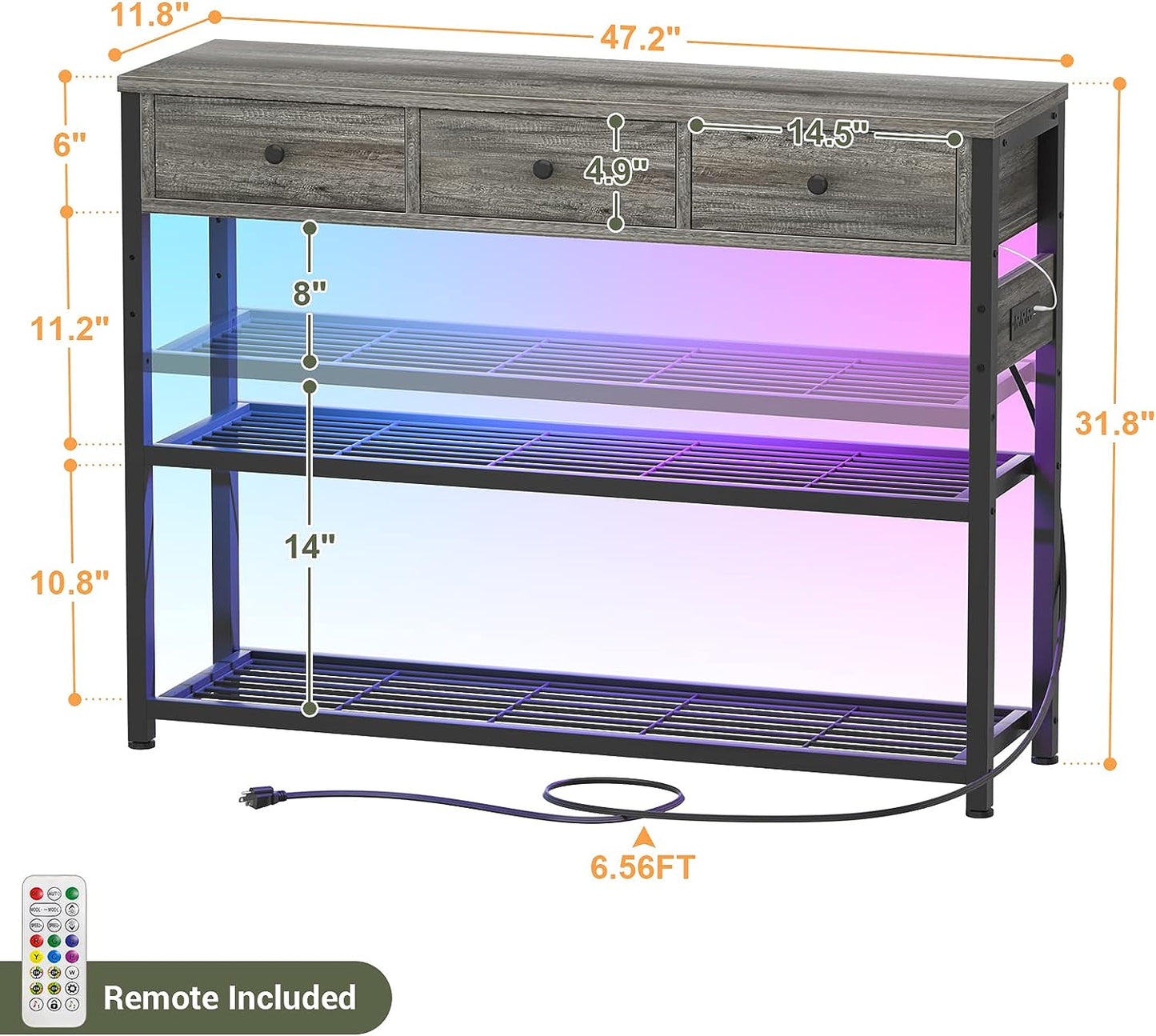 Console Table for Entryway with Power Strip, Entryway Table with RGB LED Lights, Entry Table with Storage Drawers, Sofa Tables Narrow Long for Living Room, Couch, Hallway, Foyer