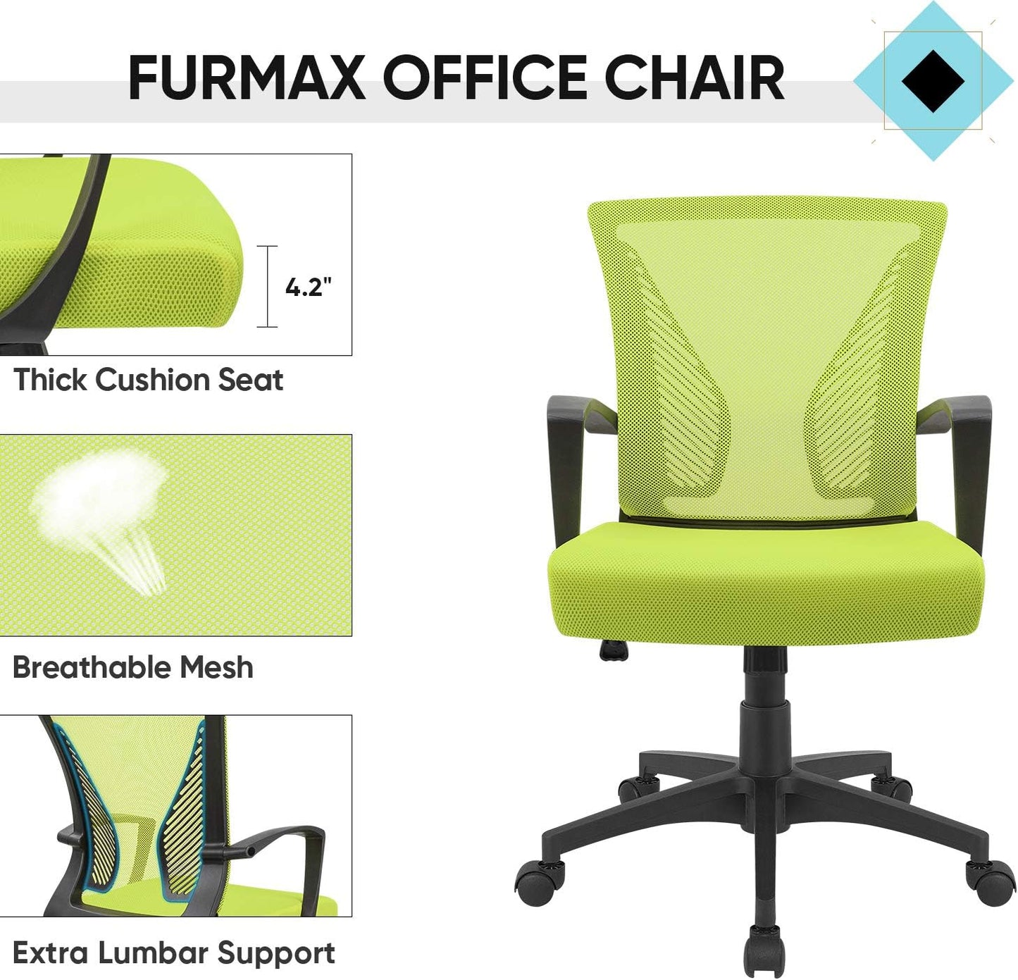 Office Chair Mid Back Swivel Lumbar Support Desk Chair, Computer Ergonomic Mesh Chair with Armrest