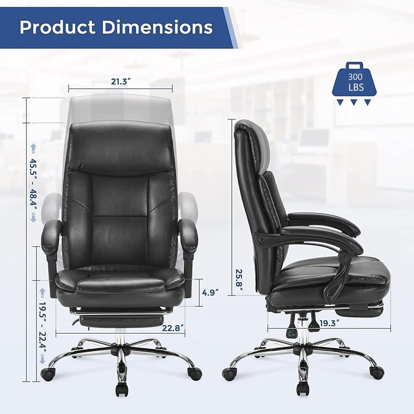 Executive Office Chair, Ergonomic Big and Tall Leather Swivel Rolling Managerial Reclining Computer Desk Task Chair, Adjustable High Back Recliner Chair with Padded Armrests and Retractable Footrest