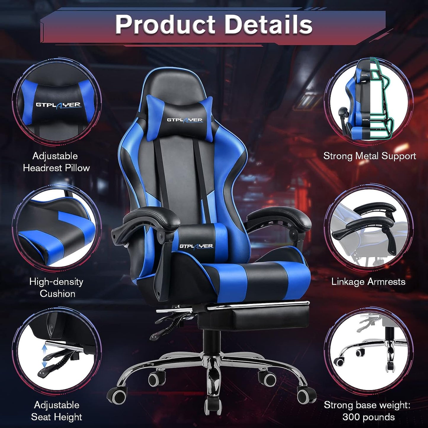 Gaming Chair, Computer Chair with Footrest and Lumbar Support